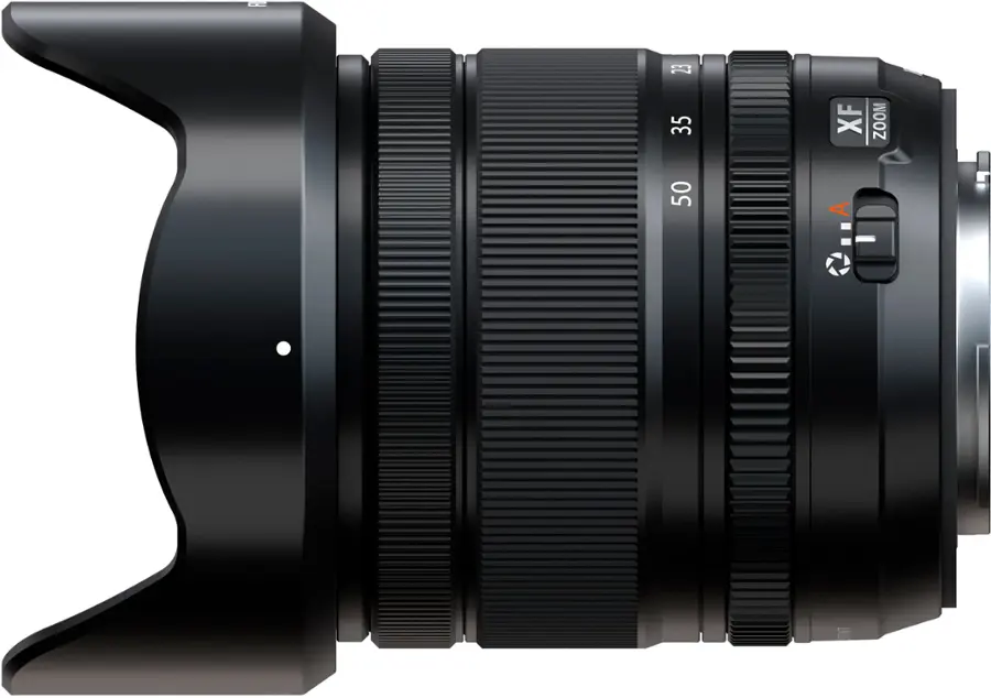 The image features a large black lens, which is likely a part of a camera. The lens is prominently displayed in the foreground, with the background being white. The lens is described as a "digital camera lens," which suggests that it is designed for use with digital cameras. The lens is also described as a "zoom lens," indicating that it has the ability to zoom in and out. The lens is further described as having a "50mm" focal length, which is a common focal length for lenses and can provide a wide range of focusing capabilities.