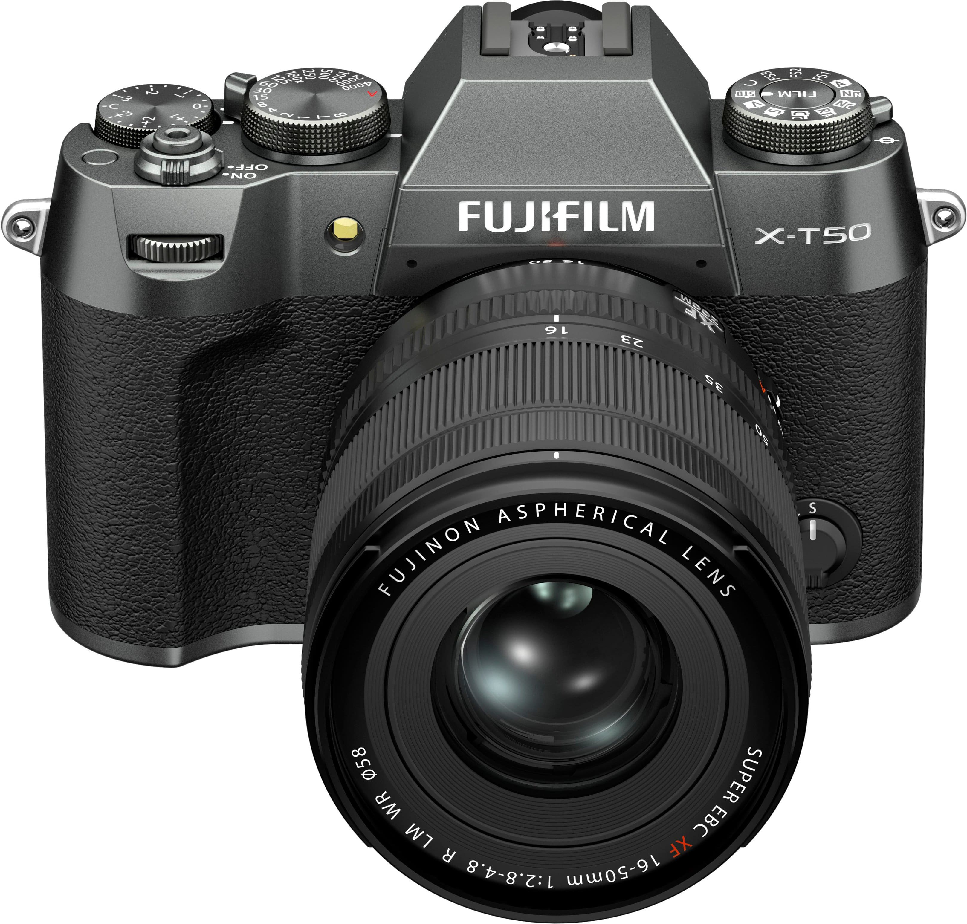 The image features a close-up of a Fujifilm X-T50 camera with a Fujinon lens. The camera is black and has a large lens on the front, making it a high-quality digital camera. The lens is described as an aspherical lens, which is known for its ability to correct distortions and provide sharp images. The camera is designed for capturing stunning images and is a popular choice among photographers.