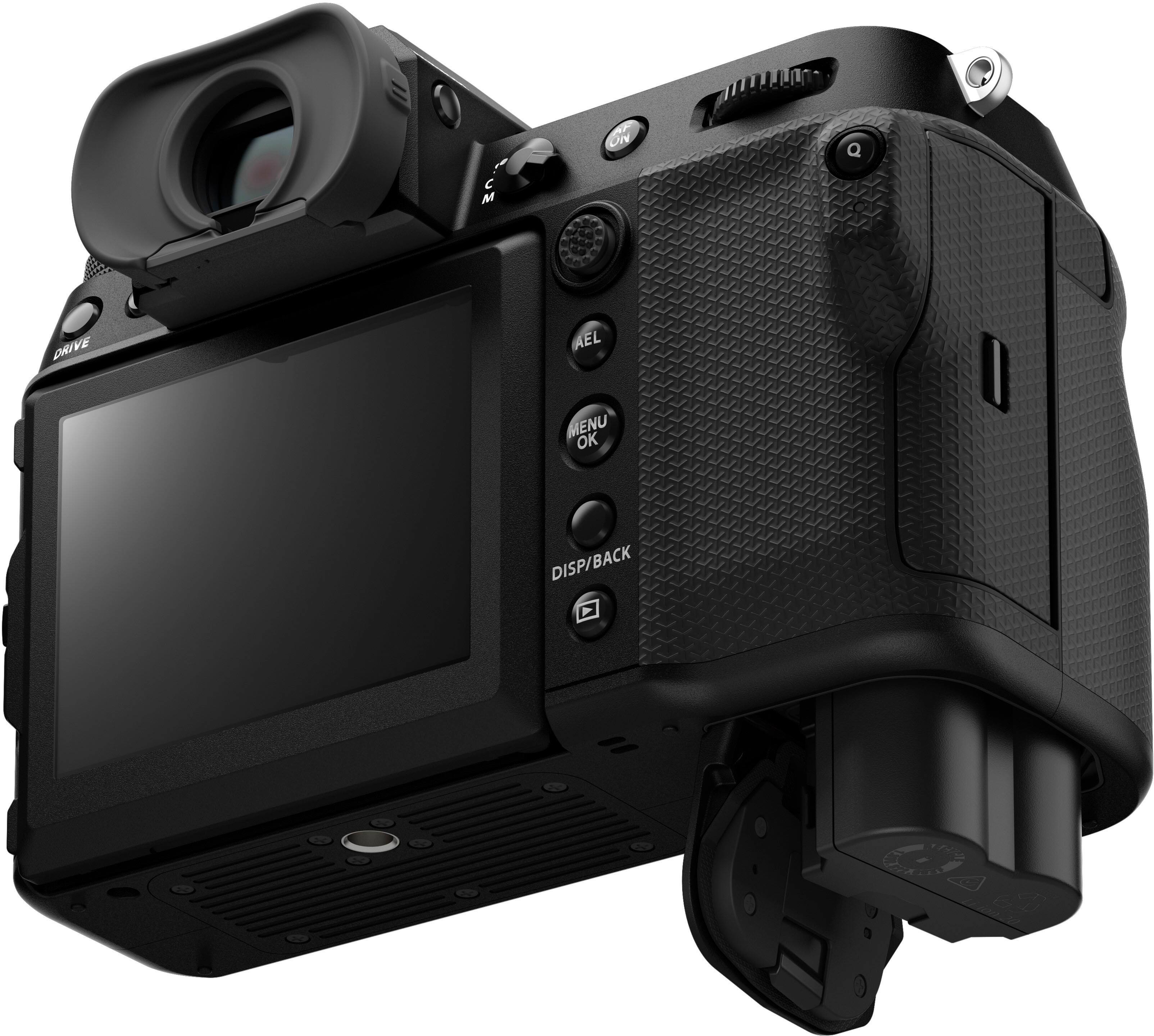The image features a black digital camera with a large lens on the front. The camera is turned on, and the lens is facing forward. The camera has a viewfinder on the top, which is likely used for framing shots. The camera is likely a professional-grade model, as it is designed for capturing high-quality images and videos.
