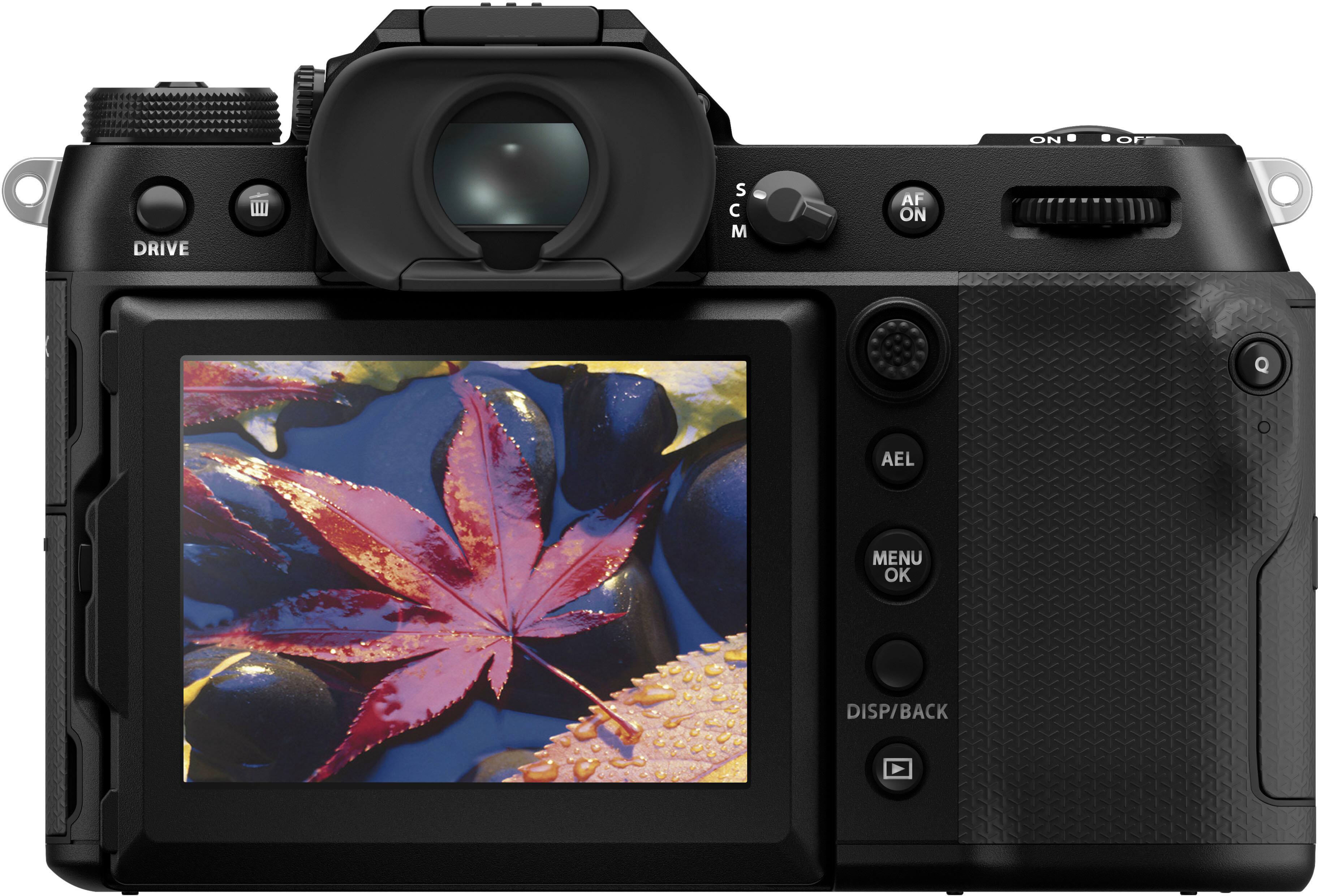 The image features a black digital camera with a large viewing screen. The camera has a viewfinder and a menu, which includes options for drive mode, autofocus, and display settings. The camera is designed for capturing high-quality images and is likely used by photographers for professional or personal use.