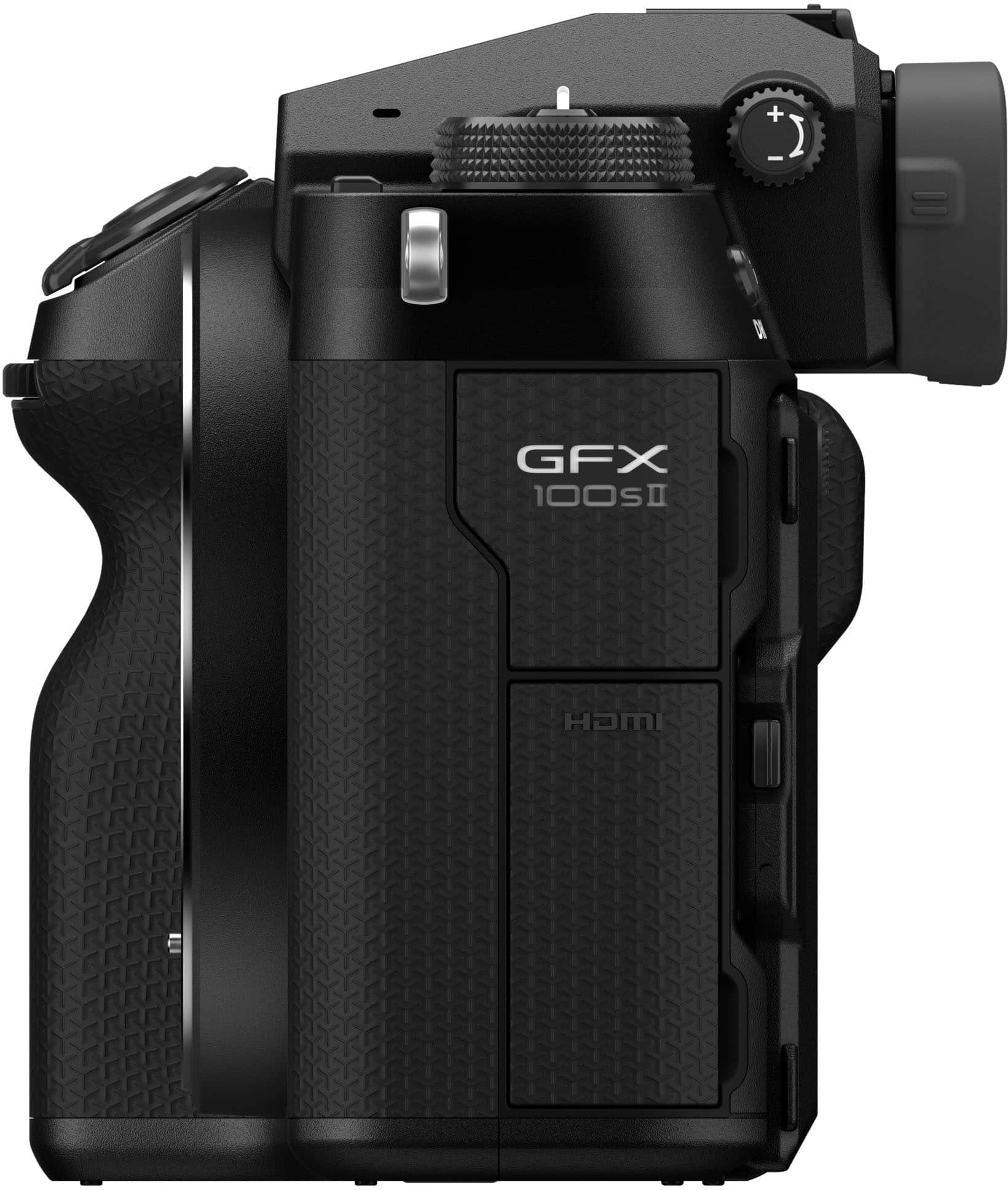 The image features a black digital camera with the brand name "GFX." The camera has a sleek design and is likely a high-quality device for professional use. The camera is positioned in a way that it is facing the viewer, showcasing its features and design.