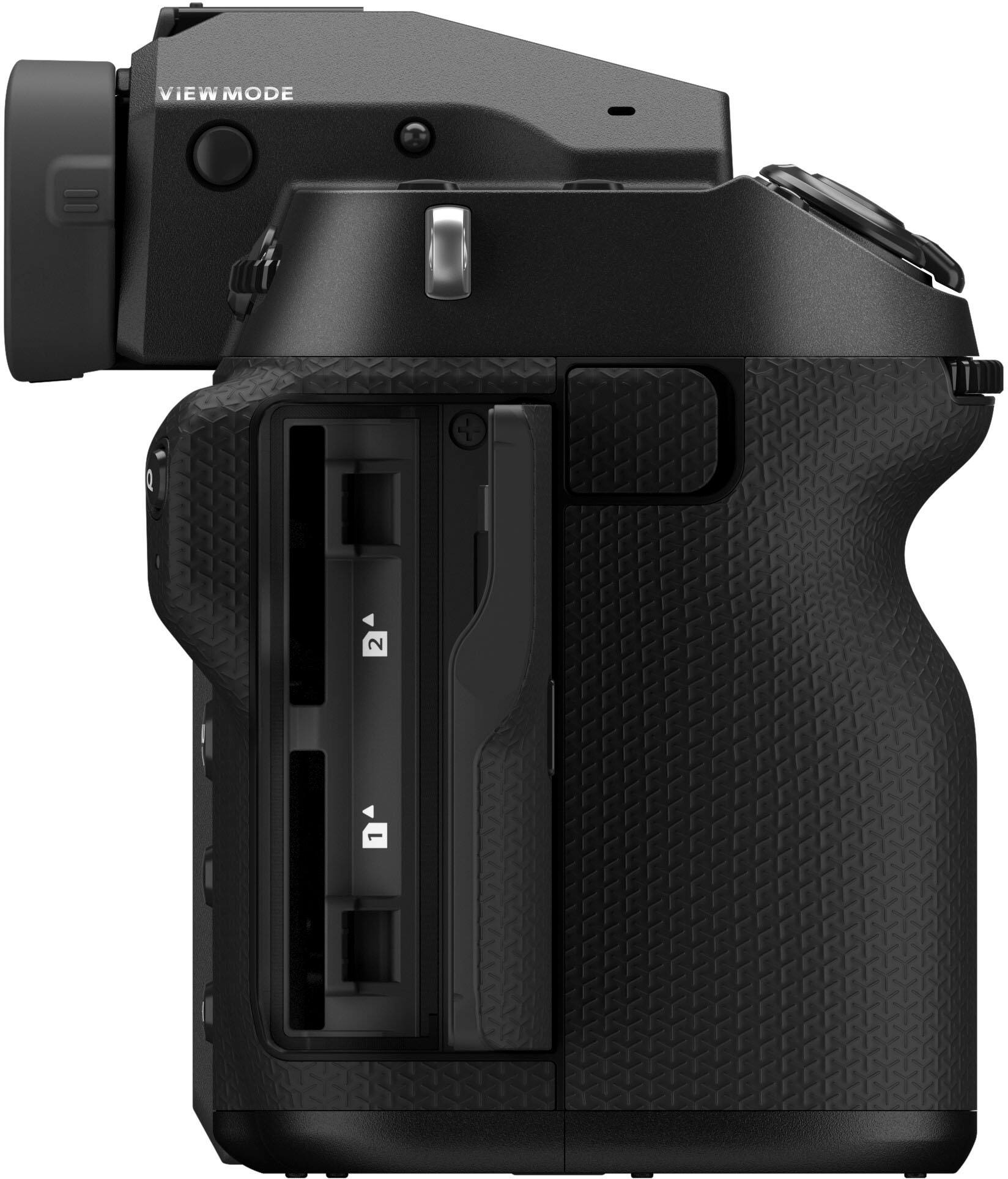 The image features a black digital camera with a view mode setting. The camera has a view mode button on the top, and the view mode is set to "view mode." The camera also has a viewfinder, which is a crucial component for capturing images and focusing on subjects.