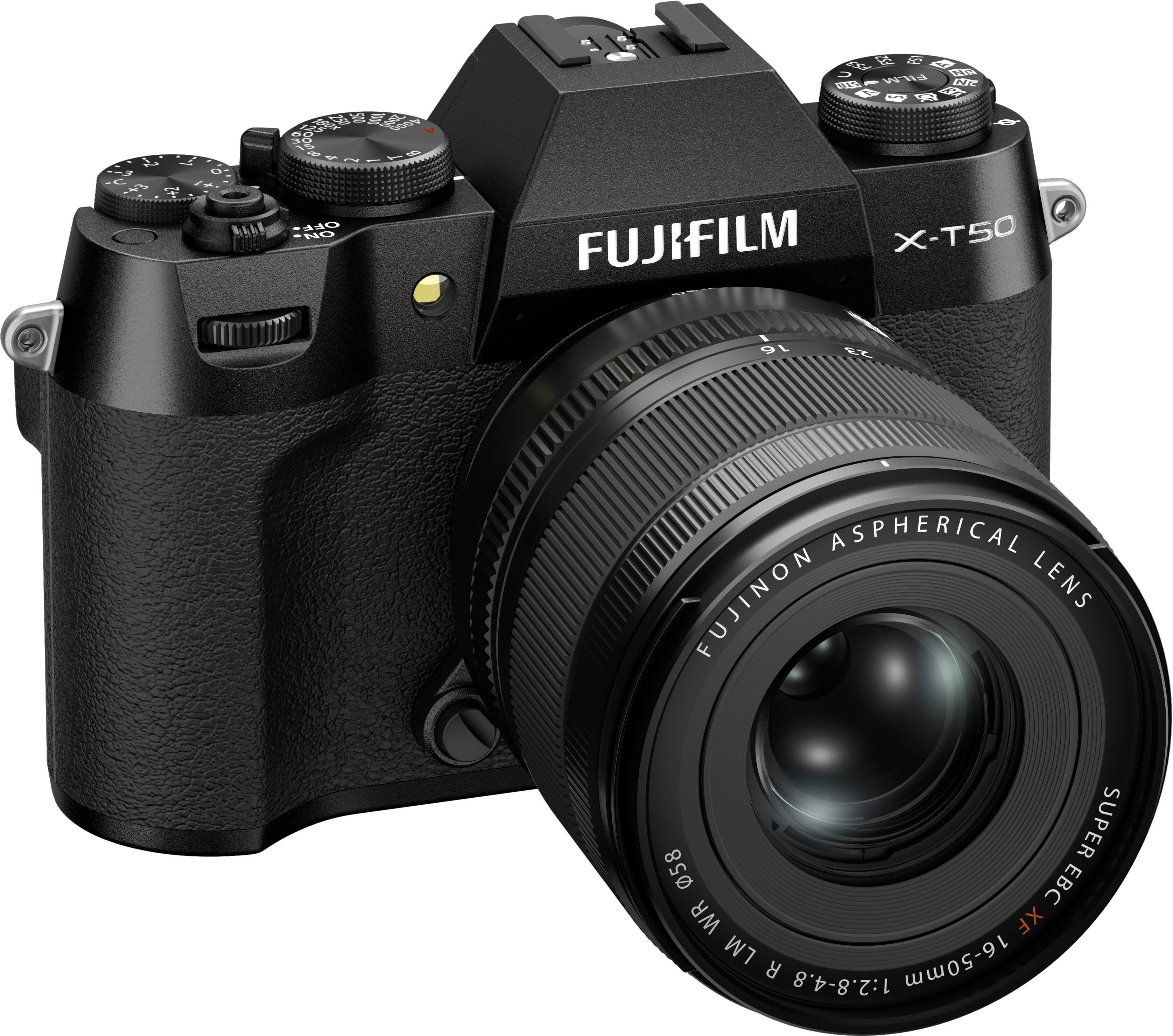 The image features a black Fujifilm X-T50 camera with a large lens. The camera has a black body and is equipped with a Fujinon lens. The lens is described as being "aspherical," which suggests that it is designed to provide high-quality images with minimal distortion. The camera is likely designed for professional or advanced amateur photographers who require a high level of image quality and control.