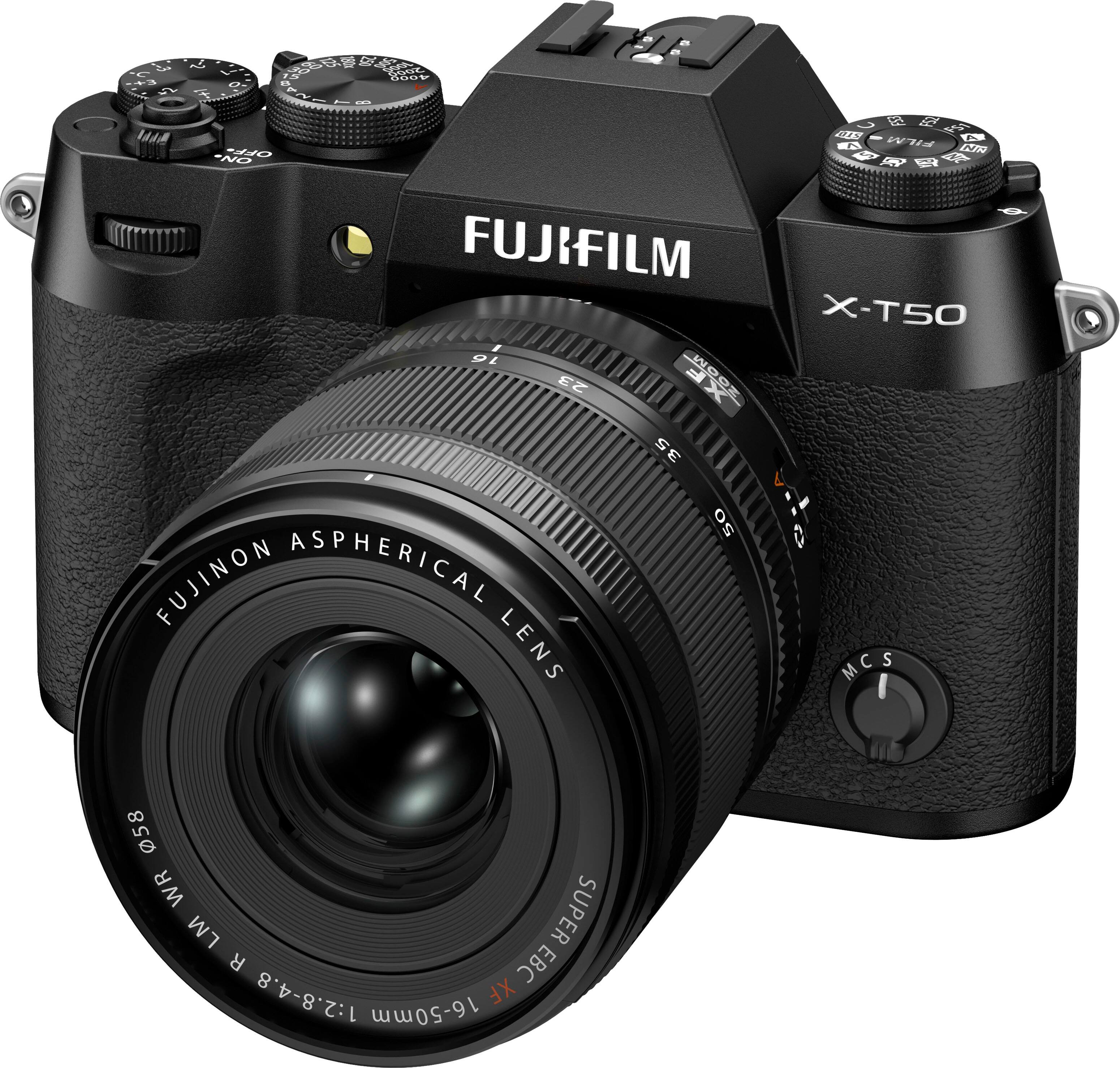 The image features a close-up of a Fujifilm X-T50 camera. The camera has a black body and a Fujinon aspherical lens. The lens is large and prominently displayed in the image. The camera is likely designed for high-quality photography and offers a range of focal lengths, making it suitable for various photography needs.