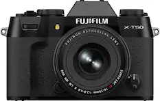 The image features a black FUJIFILM X-T50 camera with a large lens. The camera has an aspherical FUJINON lens with a focal length of 58mm and a maximum aperture of F2.8-4.8. The lens is designed with a Super EBC coating for better light transmission and reduced glare. The camera is equipped with an XF R 16-50mm lens, making it suitable for various photography needs.