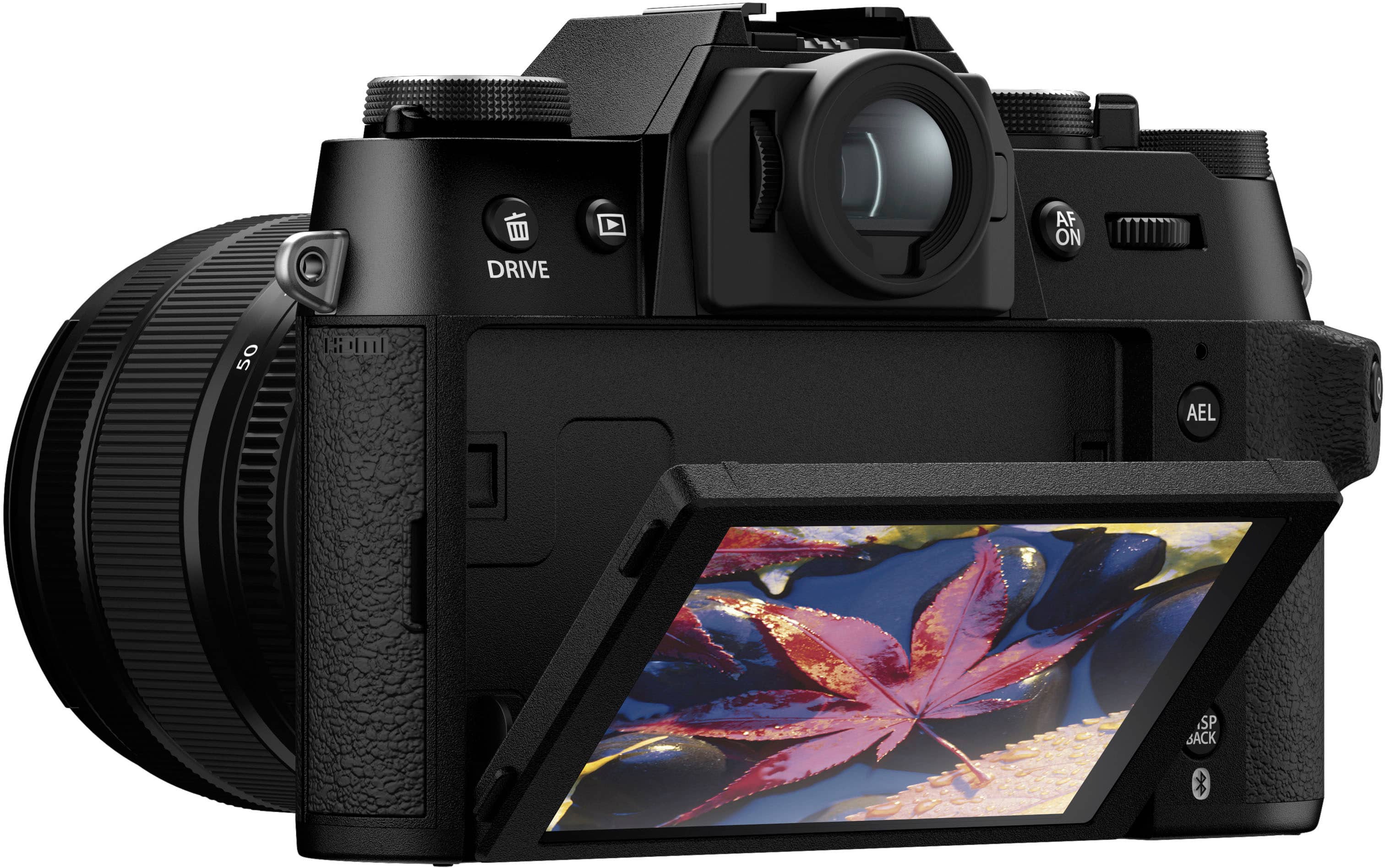 The image is a close-up of a black camera, specifically a Canon EOS 5D Mark III. The camera is equipped with a lens and features a large, bright viewfinder. The lens is positioned in front of the camera, and the viewfinder is located on the top of the camera. The camera is designed for professional use and offers advanced features for photographers.