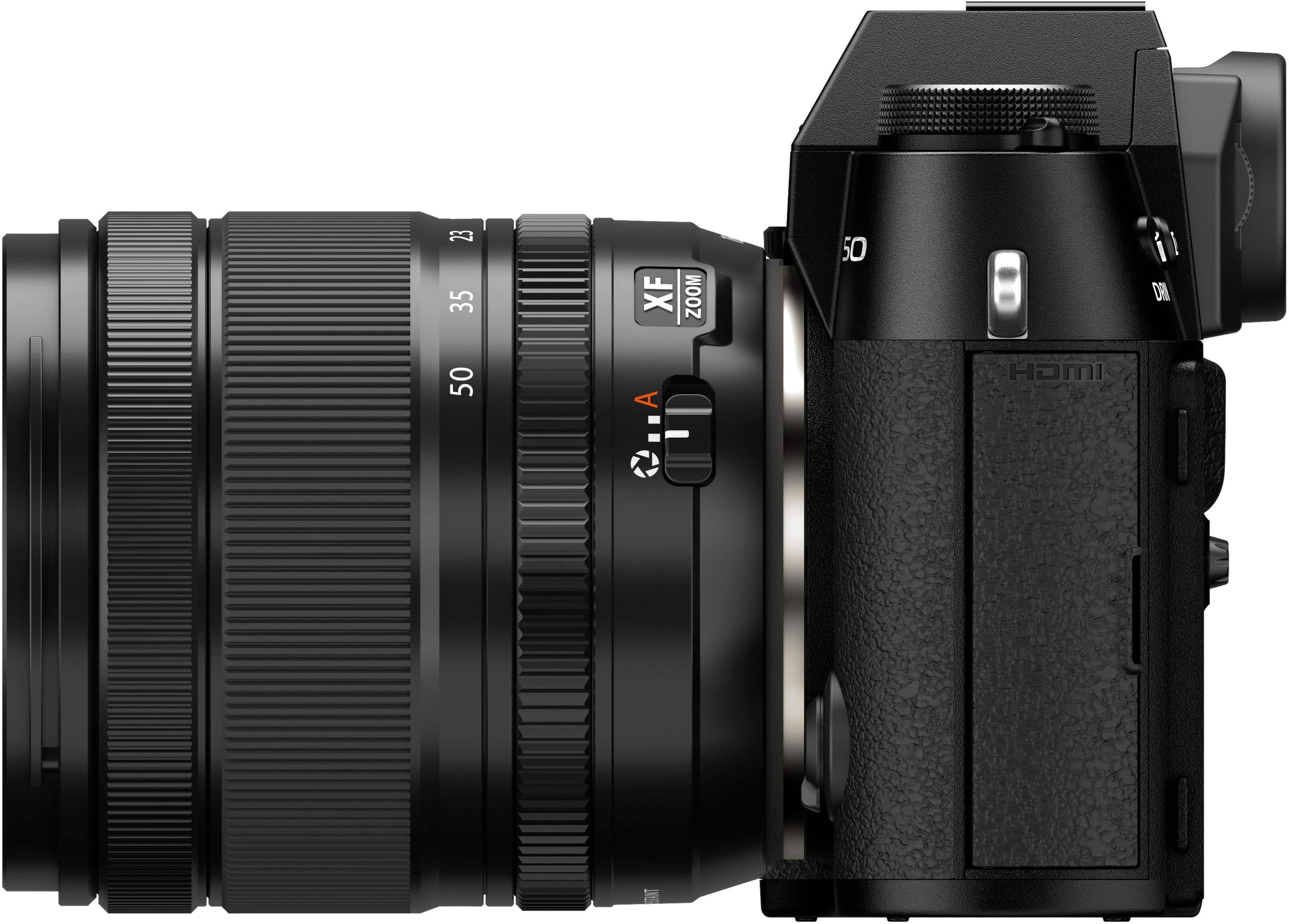 The image features a close-up of a black camera lens, which is a part of a digital camera. The lens is large and occupies a significant portion of the image. The camera is likely designed for professional use, given its size and features. The lens is positioned in front of a white background, which provides a clean and uncluttered backdrop for the image.