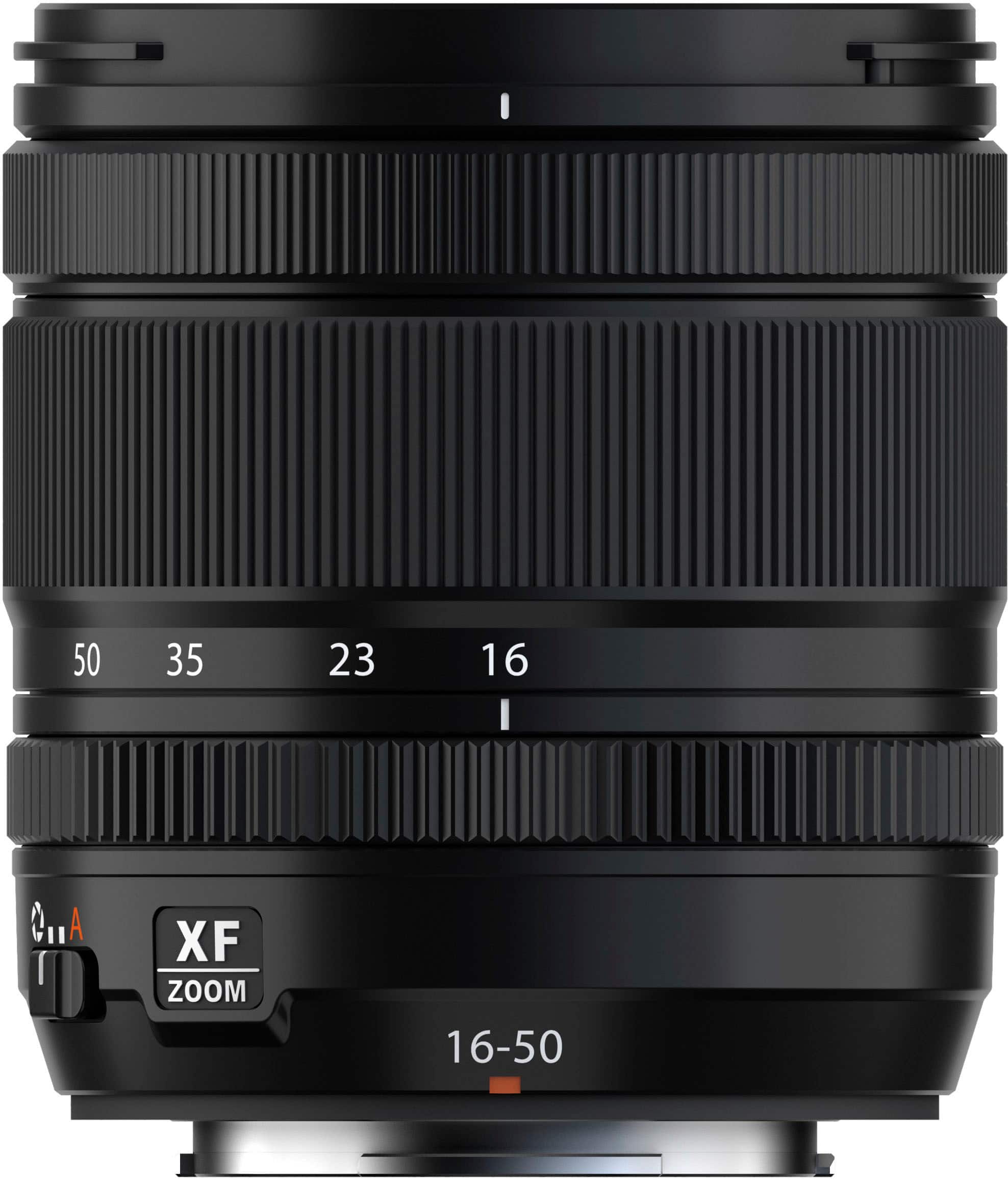 The image features a close-up of a Canon lens, which is a type of digital camera lens. The lens is designed for zooming and has a focal length of 16-50. The lens is black and has a white background, making it stand out in the image.