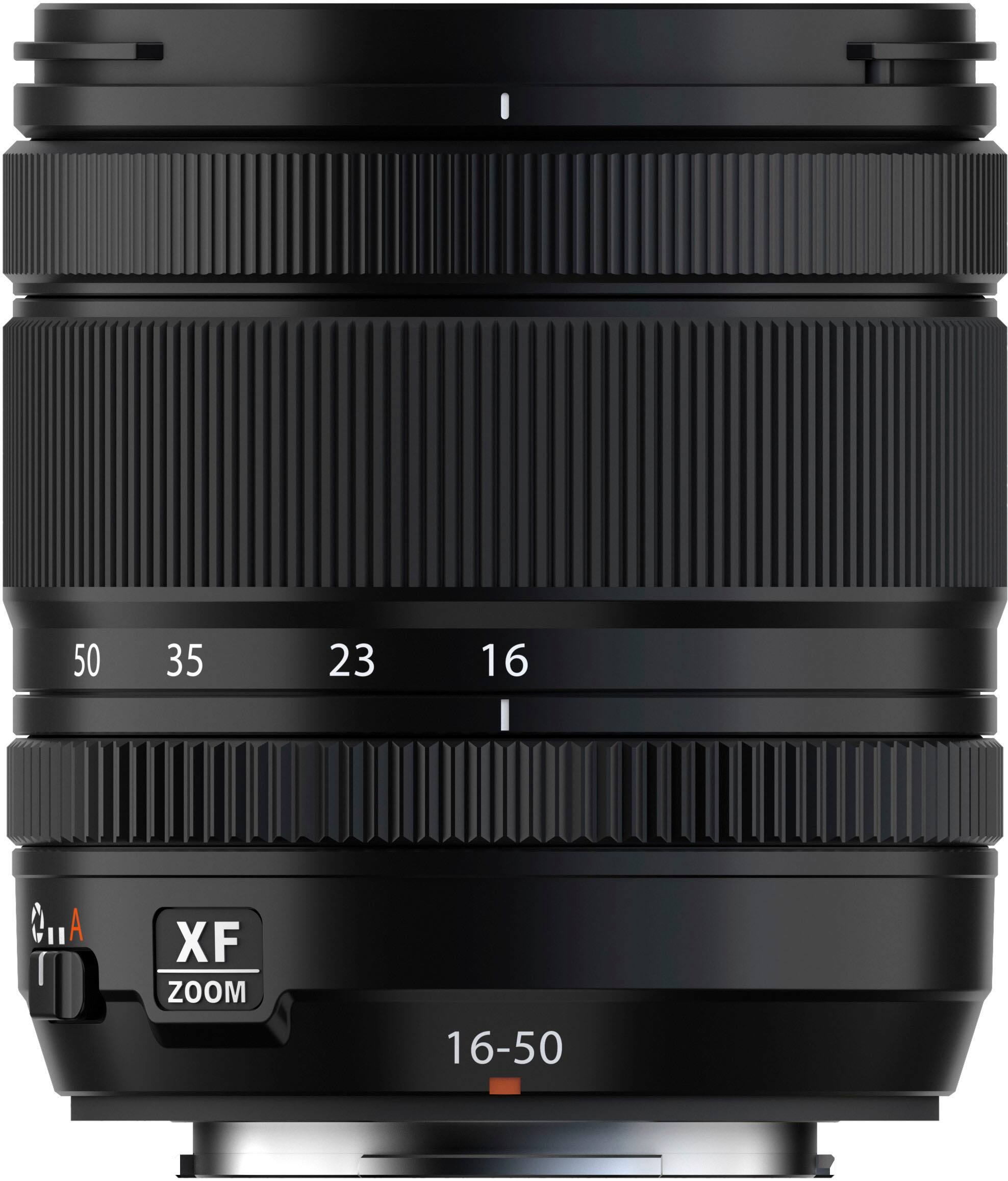 The image features a close-up of a Canon lens, which is a type of digital camera lens. The lens is designed for zooming and has a focal length of 16-50. The lens is black and has a white background, making it stand out in the image.