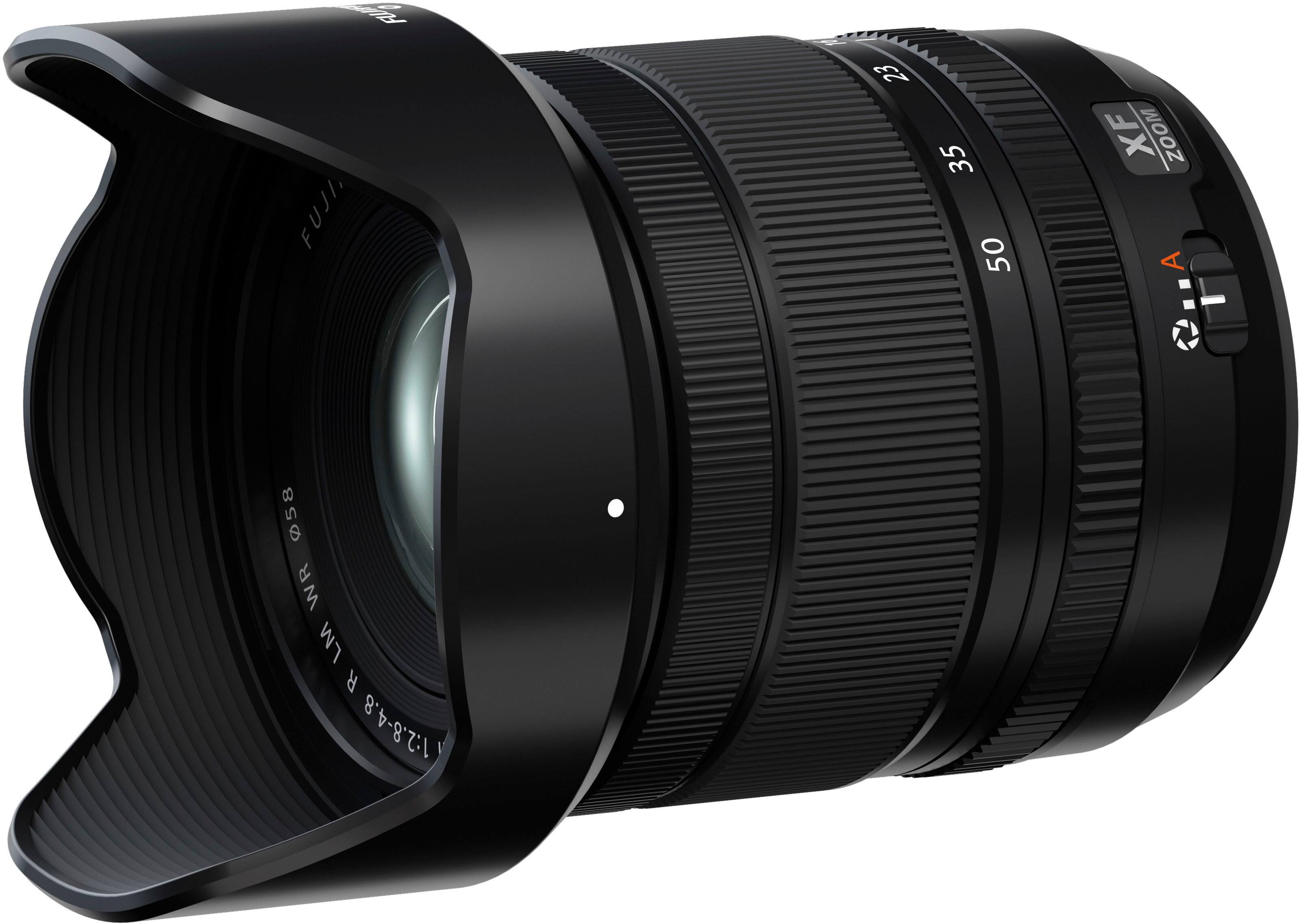 The image features a large lens, which is a part of a digital camera. The lens is a zoom lens with a focal length of 23-35-50 mm, and it is designed for use with the FUJI XF mount. The lens has a maximum aperture of 1:2.8-4.8, which allows for better low-light performance and a shallow depth of field. The lens is also weather-resistant, making it suitable for outdoor use in various weather conditions.