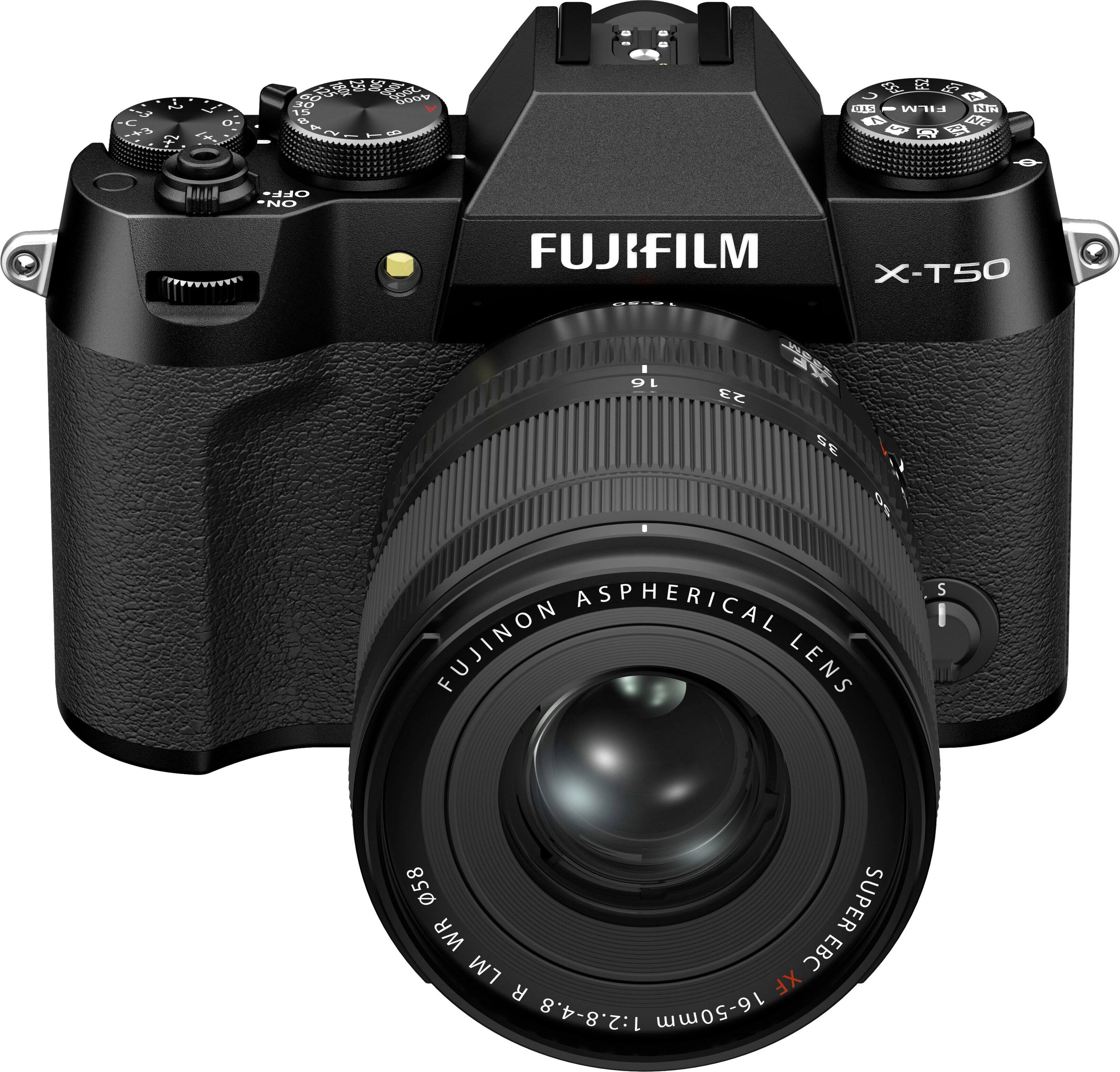 The image features a black Fujifilm X-T50 camera with a large lens. The camera is designed with an aspherical Fujinon lens, which is known for its sharpness and clarity. The lens has a focal length of 16-50mm, making it suitable for various photography needs. The camera is equipped with a 16-megapixel sensor, ensuring high-quality images. The Fujifilm X-T50 is a versatile and reliable choice for photographers looking for a compact yet powerful camera.