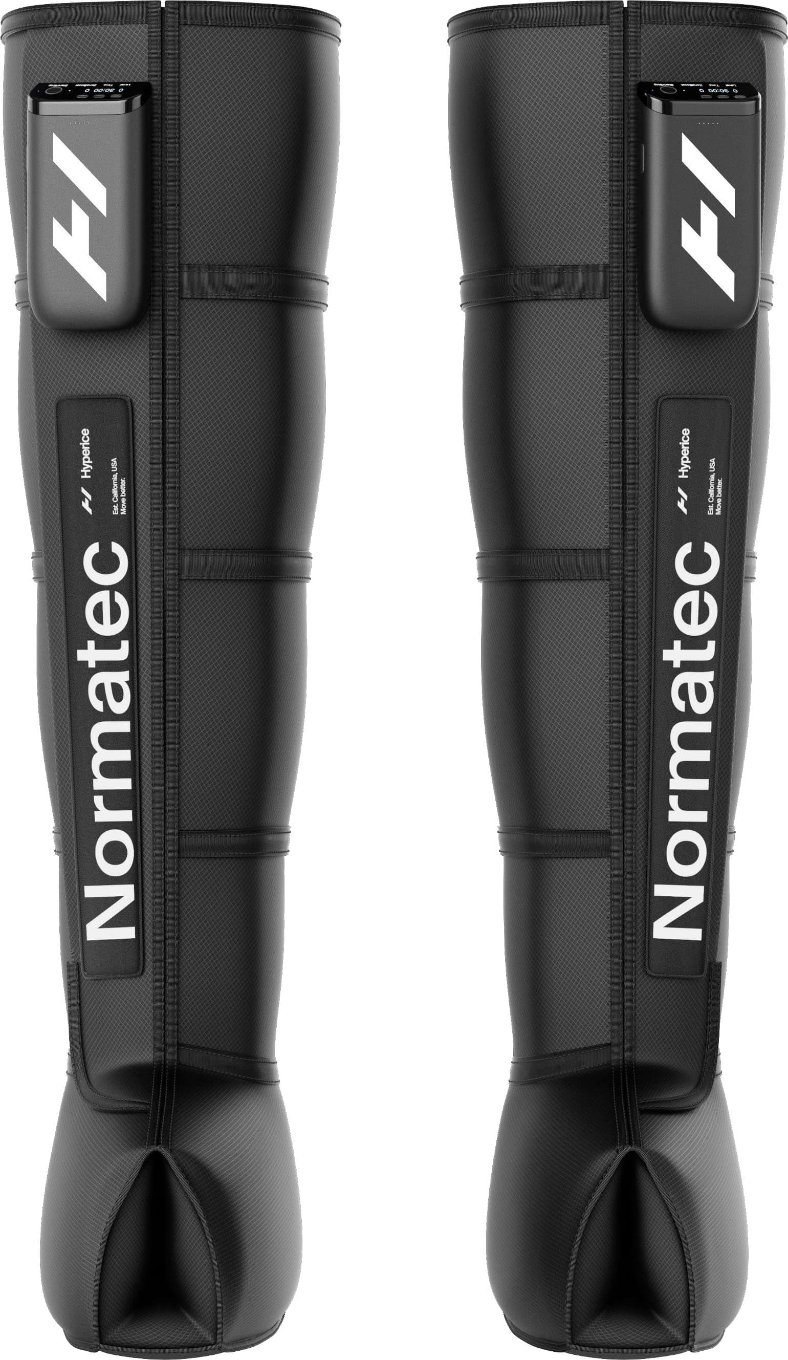The image features two black Normatec leg wraps, which are designed to provide compression and recovery benefits for athletes. The wraps are placed side by side, showcasing their sleek design and functionality. The Normatec brand is prominently displayed on the wraps, emphasizing their quality and effectiveness in enhancing performance and recovery.