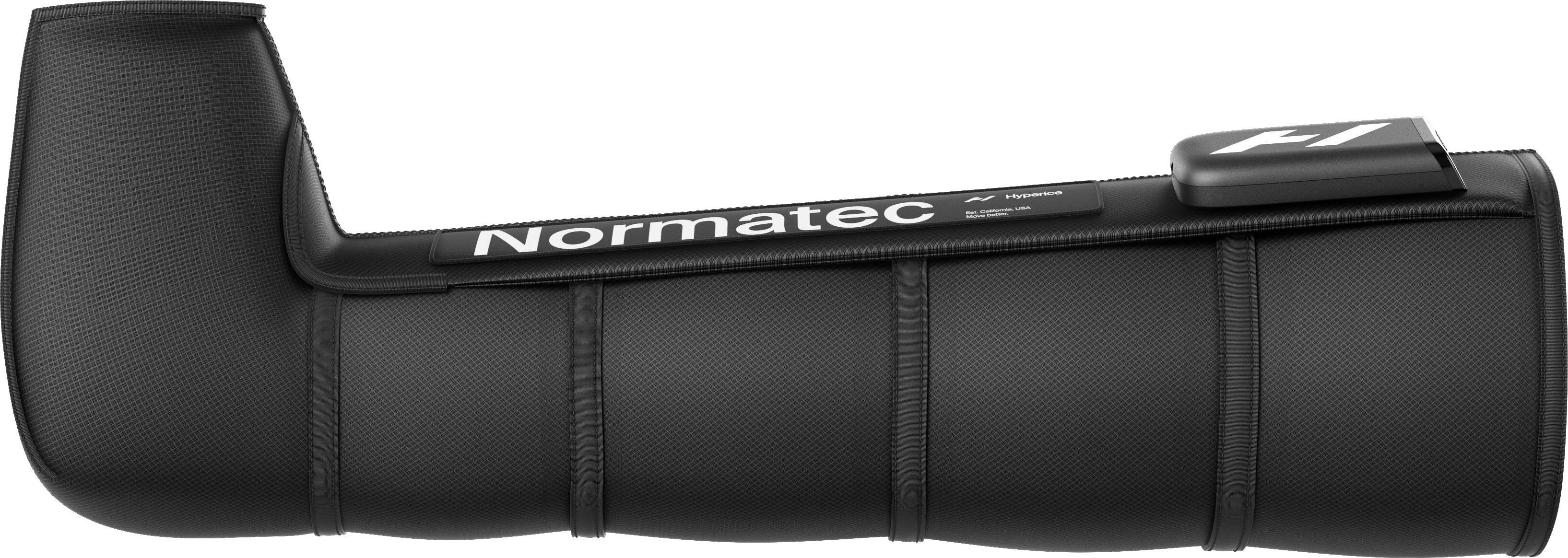The image features a black object with the word "Normatec" written on it. The object appears to be a piece of sports equipment, possibly a piece of a snowboard. The word "Normatec" is written in white text on the black background.