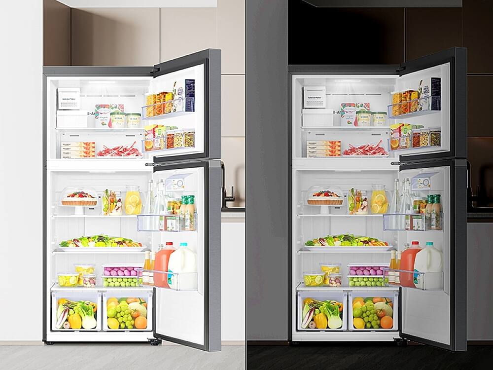The image shows two refrigerators, one on the left and one on the right, both filled with various food items. The left refrigerator is filled with a variety of foods, including fruits, vegetables, and drinks. The right refrigerator is also stocked with a wide assortment of foods, including fruits, vegetables, and drinks. The refrigerators are both open, revealing the abundance of food inside.