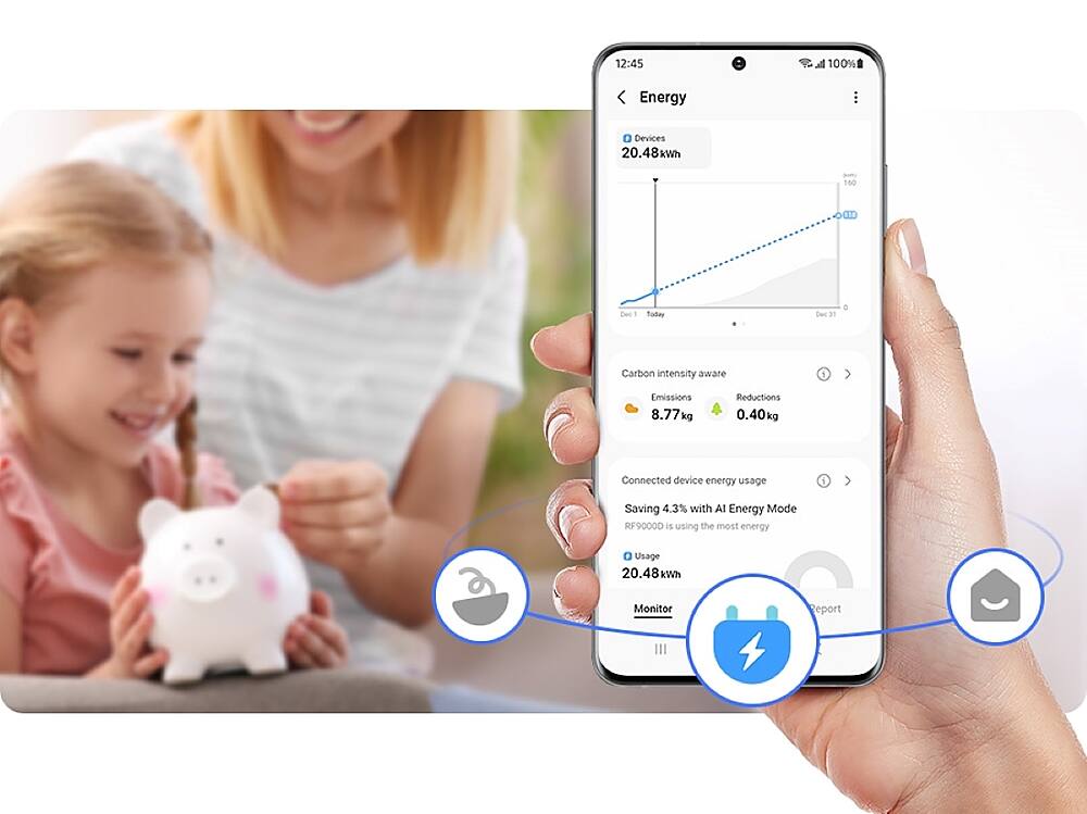 The text on the image is about energy usage and savings. It shows that the device is currently at 100% energy, and it has consumed 20.48 kWh of energy. The device is connected to a Carbon intensity aware device, which helps reduce emissions. The energy usage is being monitored, and the device is saving 4.3% with AI Energy Mode. The text also indicates that the device is using the most energy, and it is being monitored for energy usage and reporting.