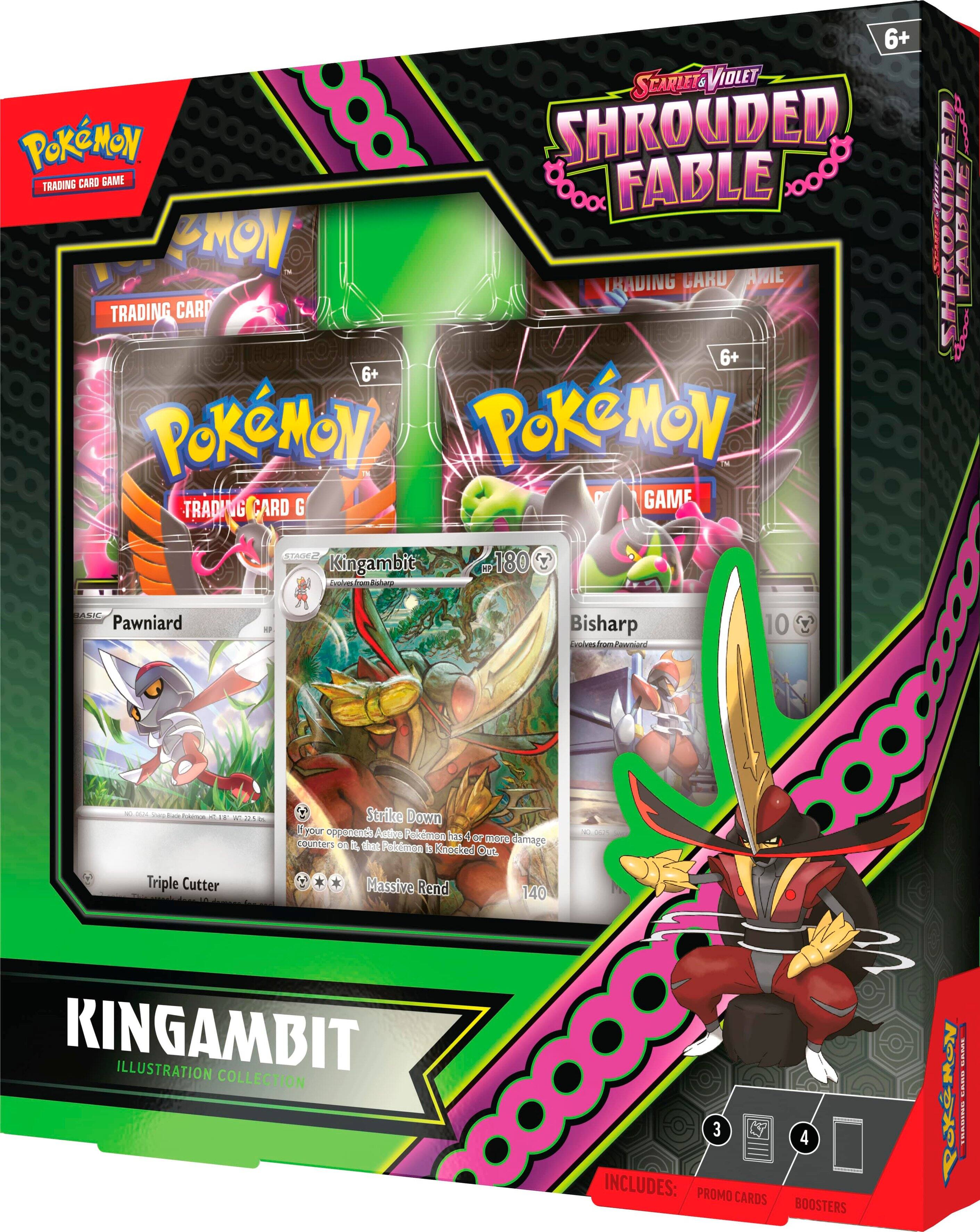 The image features a Pokemon Shrouded Fable Trading Card Game box, which includes a collection of Pokemon cards, promo cards, and boosters. The box showcases a variety of Pokemon characters, such as Kingambit, Basil, Pawniard, and Bisharp, among others. The collection is designed to provide players with an exciting and engaging experience as they collect and trade these cards with fellow Pokemon enthusiasts.