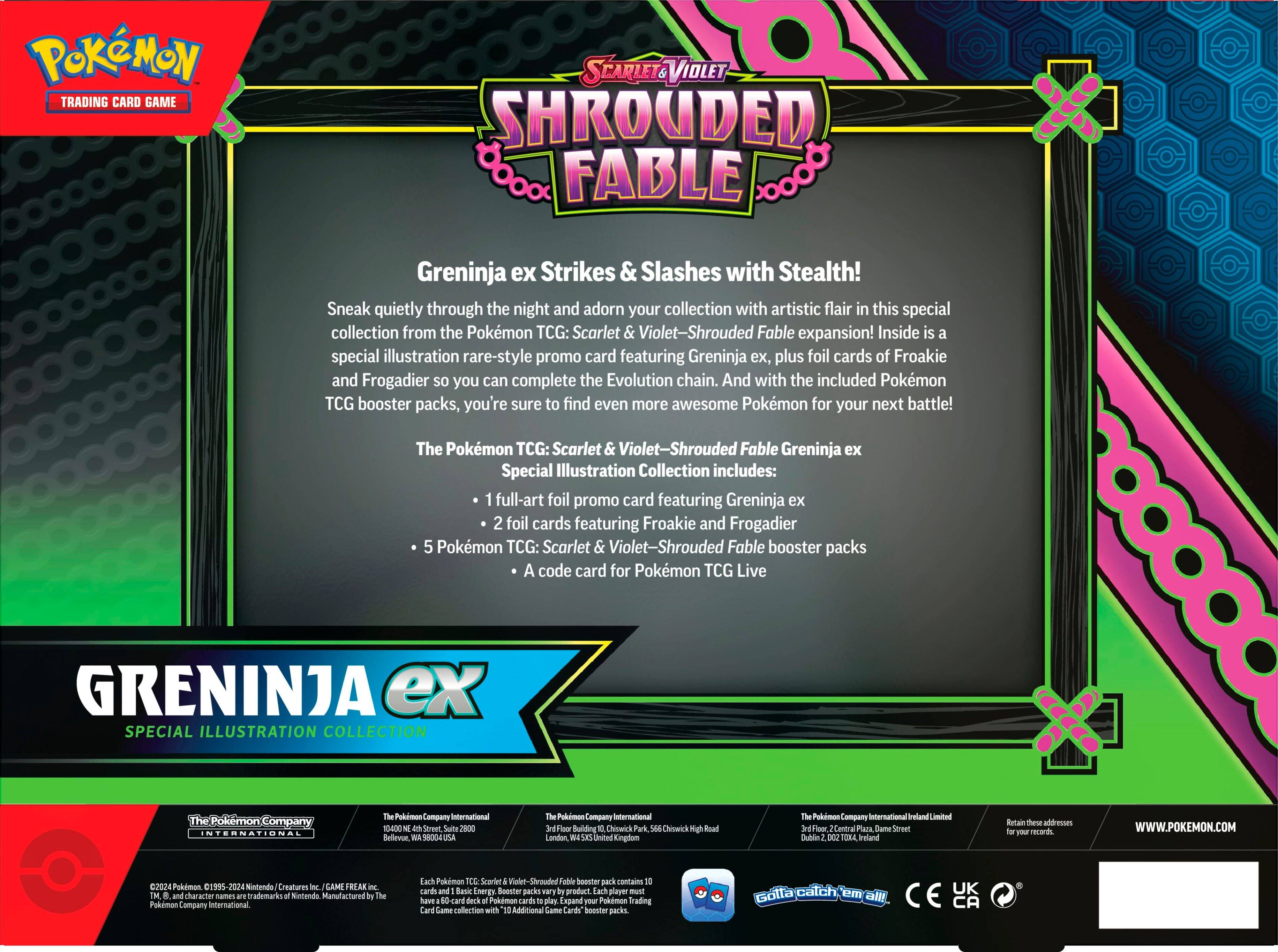 The image features a Pokemon Trading Card Game (TCG) product called the Shrouded Fable Greninja ex Special Illustration Collection. This collection includes a full-art foil promo card featuring Greninja ex, two foil cards featuring Froakie and Frogadier, and five Pokemon TCG: Scarlet & Violet-Shrouded Fable booster packs. The collection also comes with a code card for Pokemon TCG Live. The product is designed to enhance the Pokemon TCG experience by providing unique and visually appealing cards, as well as additional gameplay options through the booster packs and the code card.
