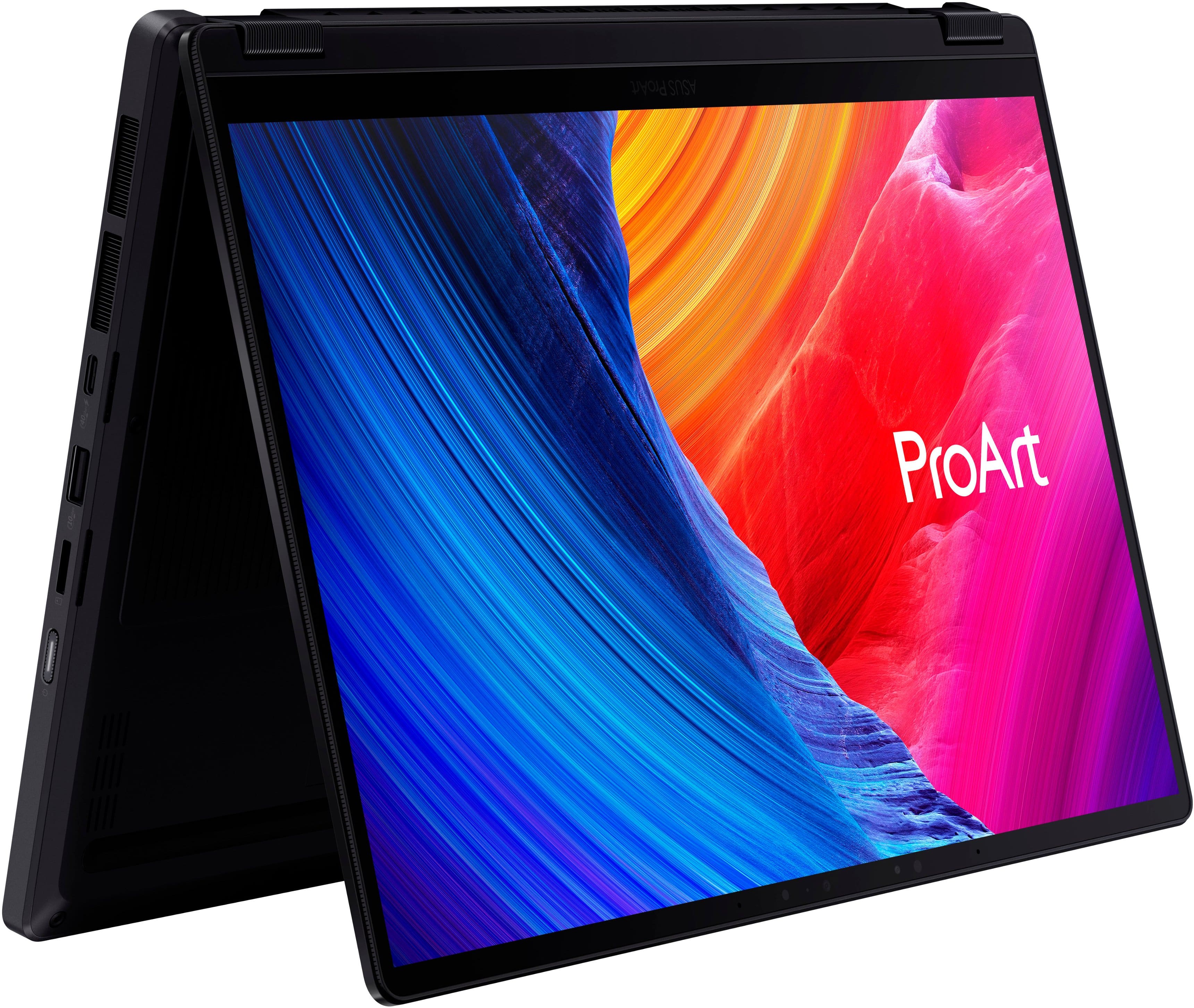 The image features a laptop computer with a colorful display, showcasing the brand ProArt. The laptop is open, revealing its vibrant screen. The ProArt laptop is designed for creative professionals, offering a powerful and visually appealing device for their work.