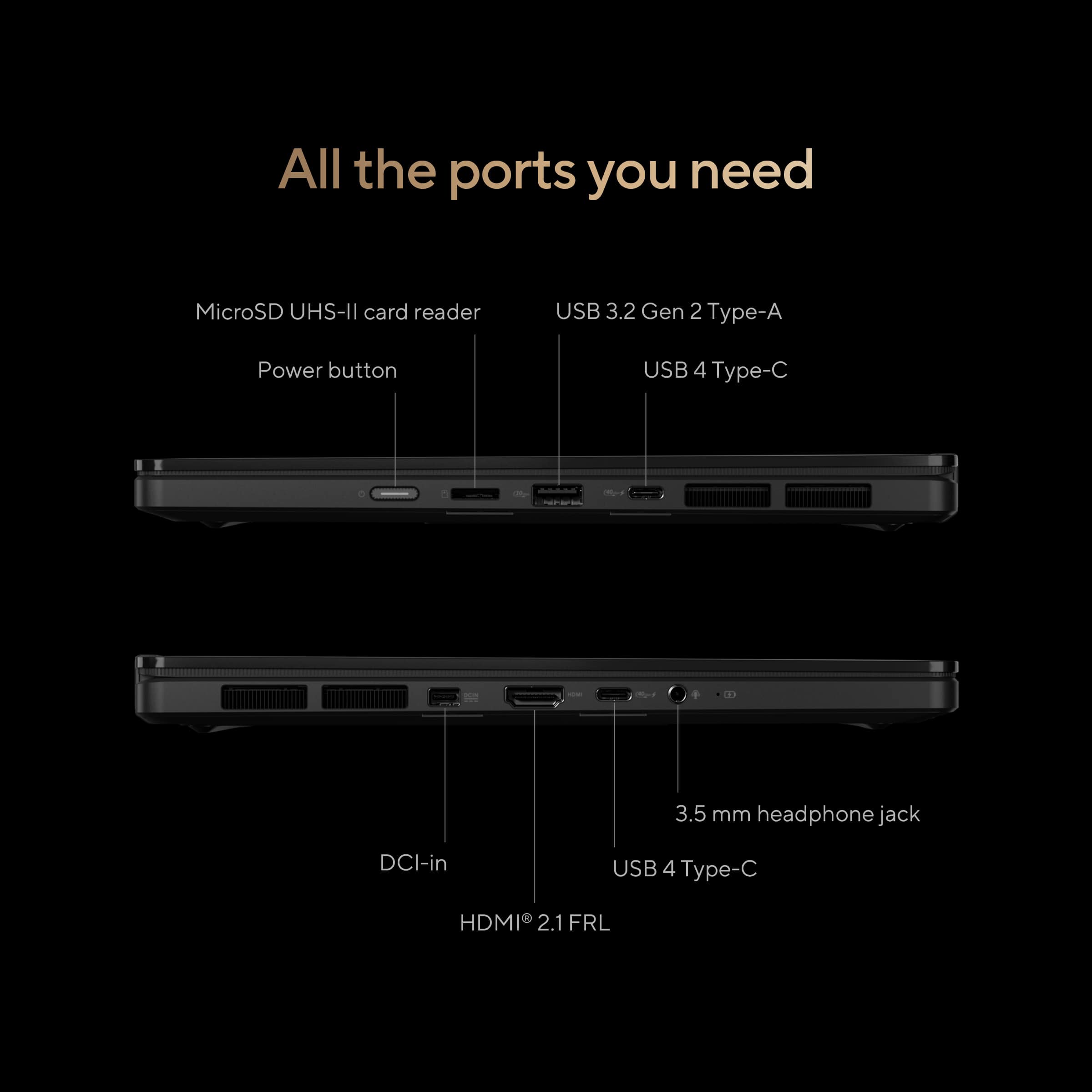 All the ports you need: MicroSD UHS-II card reader, USB 3.2 Gen 2 Type-A, Power button, USB 4 Type-C, DCI-in, USB 4 Type-C, HDMI 2.1 FRL.