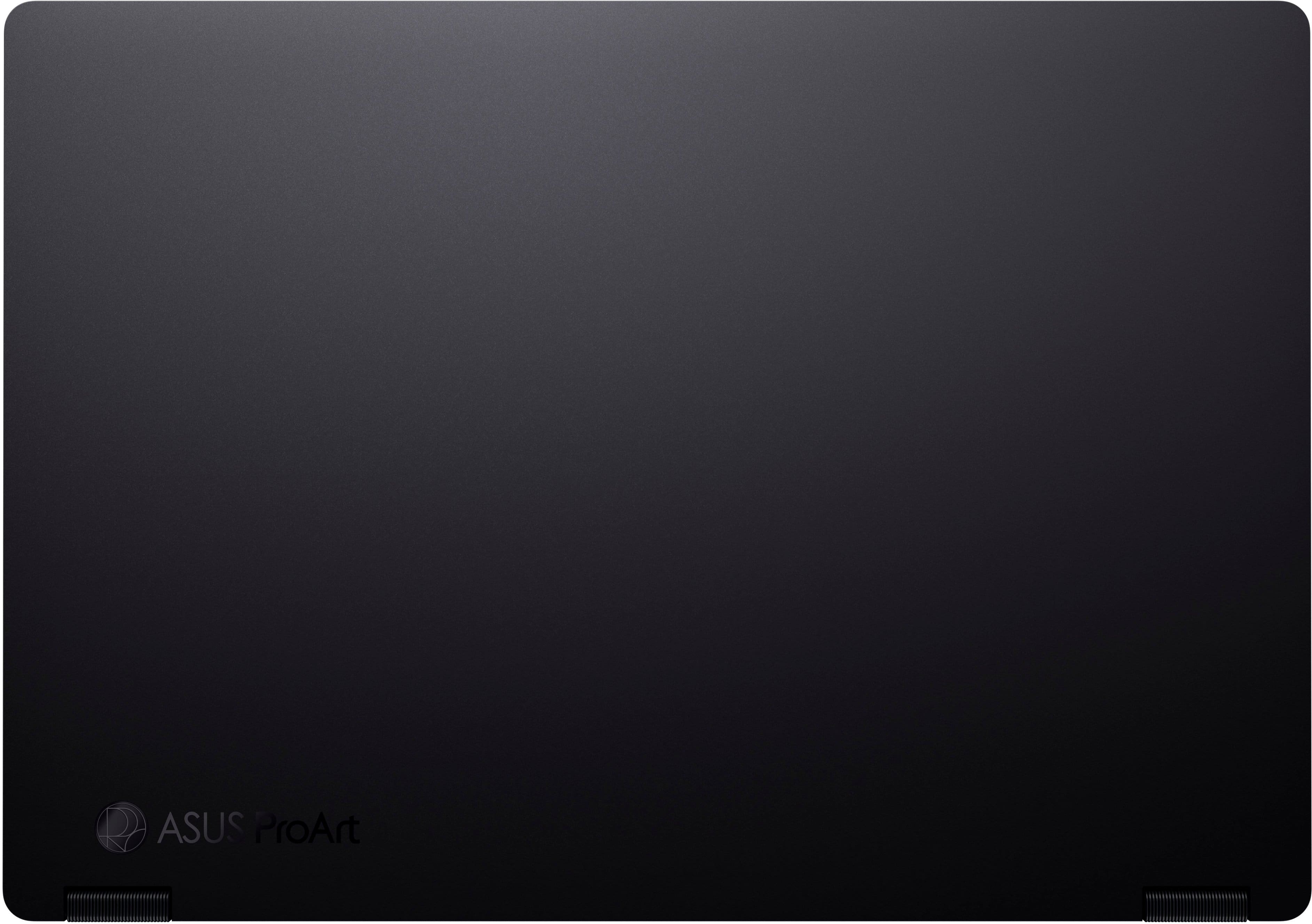 The image features a black laptop with the ASUS ProArt logo on the bottom left corner. The laptop is displayed in a close-up view, showcasing its sleek design and minimalist appearance.