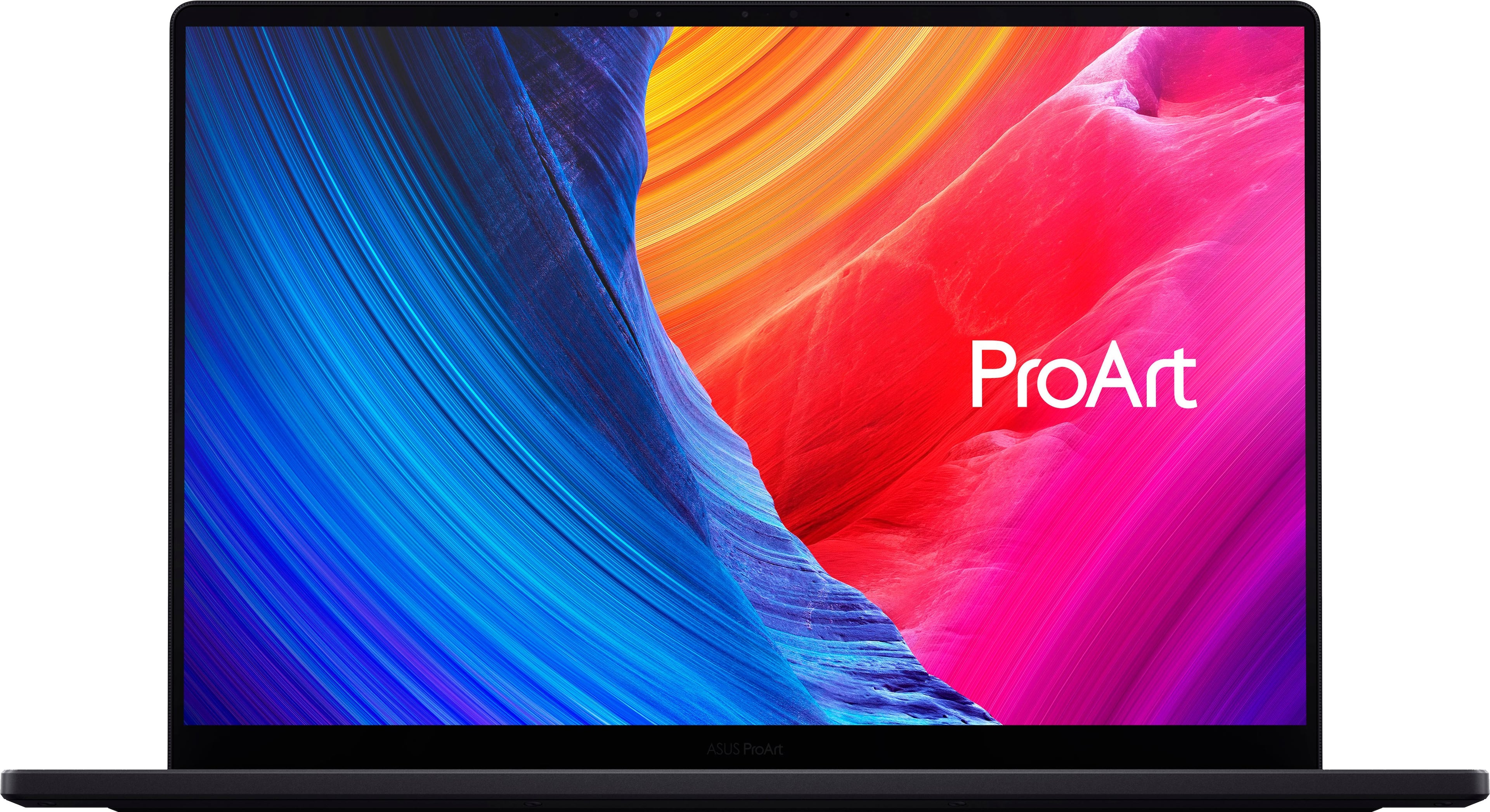 The image features a laptop with a vibrant, colorful background. The laptop is open, showcasing the ProArt brand on the screen. The laptop is black, and the screen is large, taking up most of the image. The colors and design of the background create a visually appealing and artistic display.