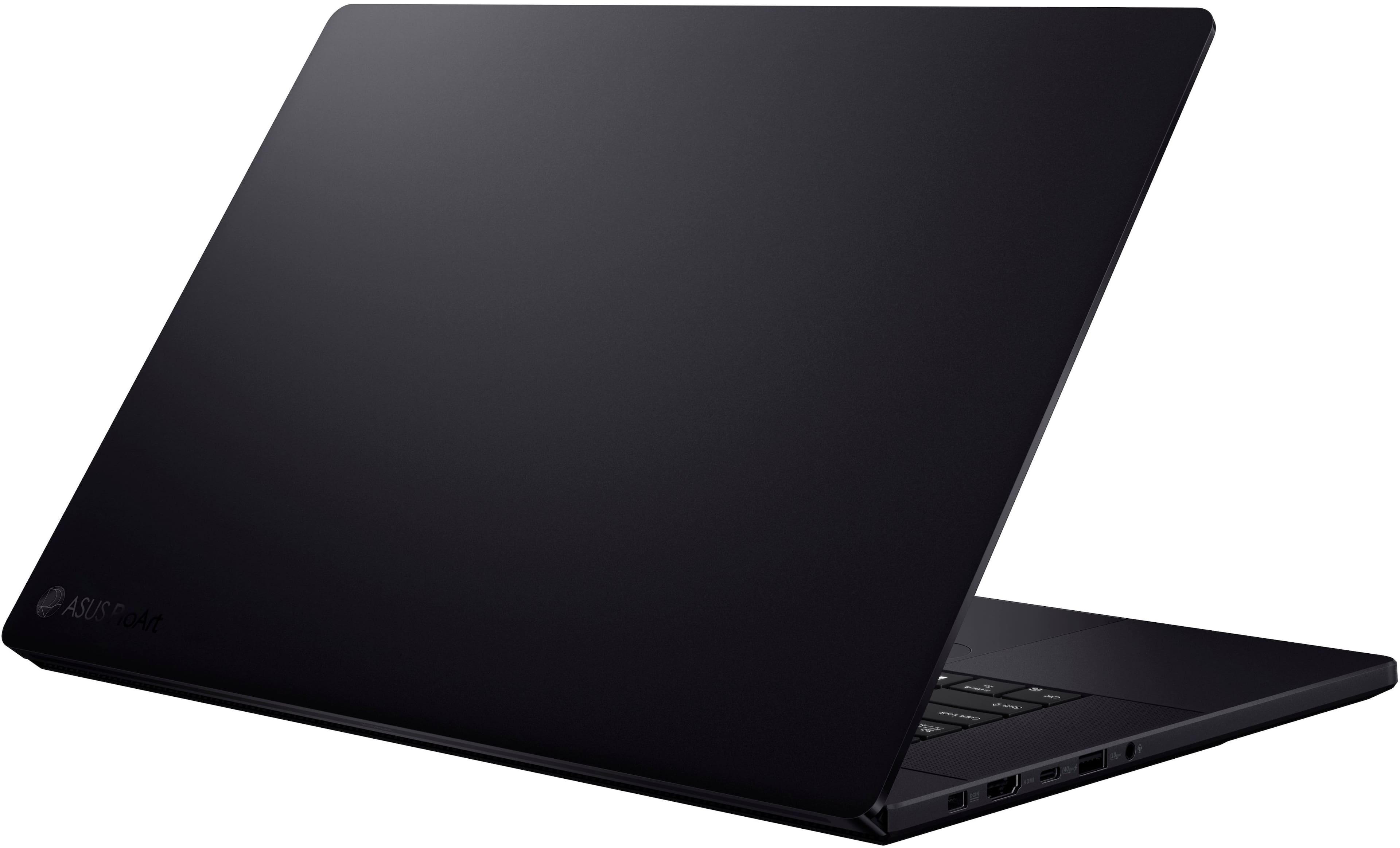 The image features a black laptop computer with a keyboard and a touchpad. The laptop is open and ready for use. The screen is large, covering most of the laptop's surface. The laptop is likely a high-quality model, as it is described as a "high-end laptop."