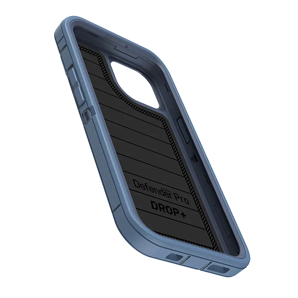 The image shows a blue cell phone case with a label on it that reads "Defender Series Pro DROP +". The case is designed to protect the phone from drops and other potential damages.