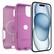 The image features a pink and black case for an iPhone. The case is designed by Drop+ and is available in two different colors. The case is made of hard plastic and has a clear back, allowing the iPhone to be visible. The case is designed to protect the iPhone and provide a stylish look.