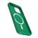 The image features a green Otterbox case for a cell phone. The case is designed to protect the phone from drops and impacts. The case has a circular design with a white circle in the center, which adds a unique touch to the overall appearance. The case is made of durable plastic and is specifically designed for the iPhone 12.