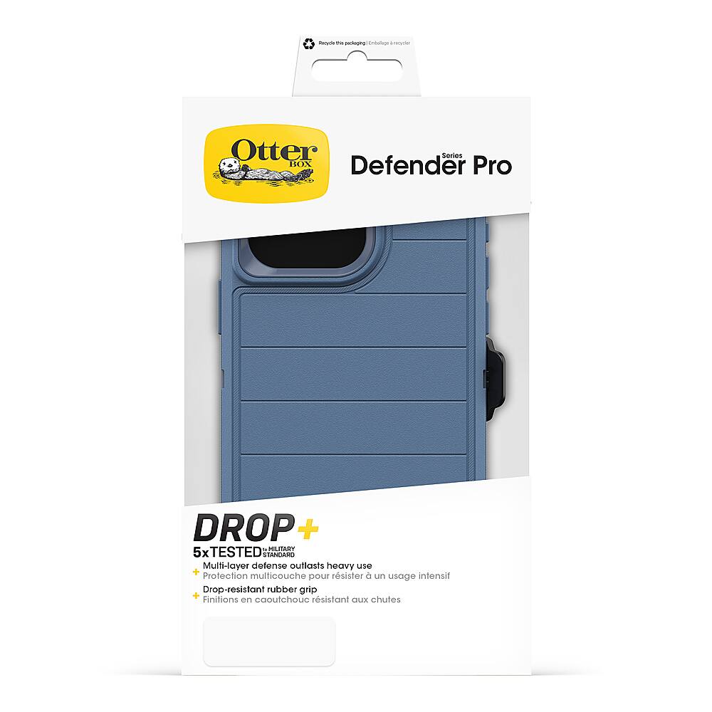 The image features a blue Otterbox Defender Pro case for a smartphone. The case is designed to protect the phone from drops and impacts, as well as providing a secure grip. The case is made of multiple layers of protection, making it durable and long-lasting. The Otterbox Defender Pro case is drop-resistant and features a rubber grip for added security. The case is available in a variety of colors, including blue, as seen in the image.