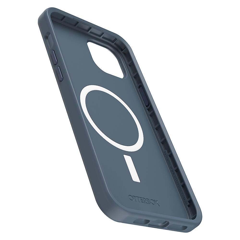 The image features a grey Otterbox case for a cell phone. The case is designed to protect the phone from scratches and impacts. The case has a unique design with a circle on the back and a square on the front. The Otterbox case is made to fit the iPhone 12 and provides a secure and durable protection for the device.