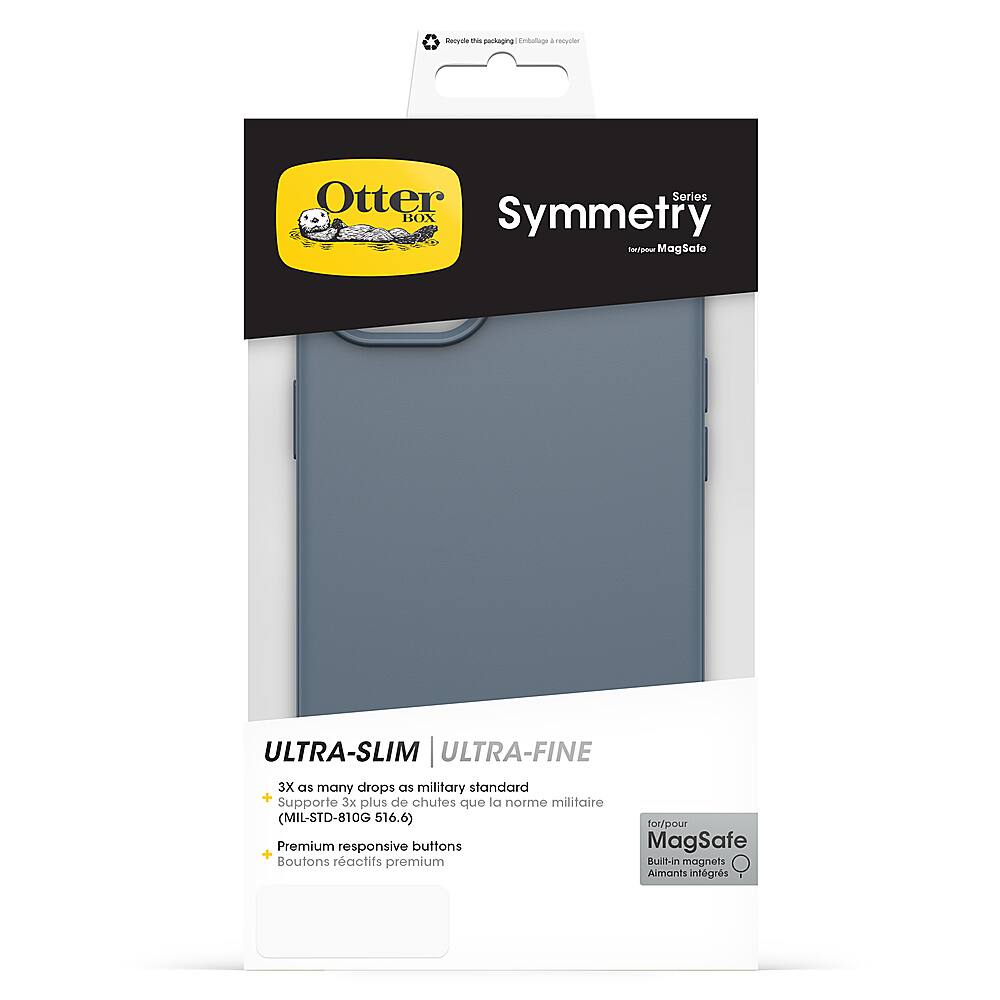 The packaging for the Otter Symmetry case features a black and yellow design. The case is made of ultra-slim and ultra-fine materials, providing a premium and responsive button experience. The case also supports more than the standard military drop test (MIL-STD-810G 516.6) for added durability. The packaging is made by MagSafe, ensuring a secure and reliable connection for the case.