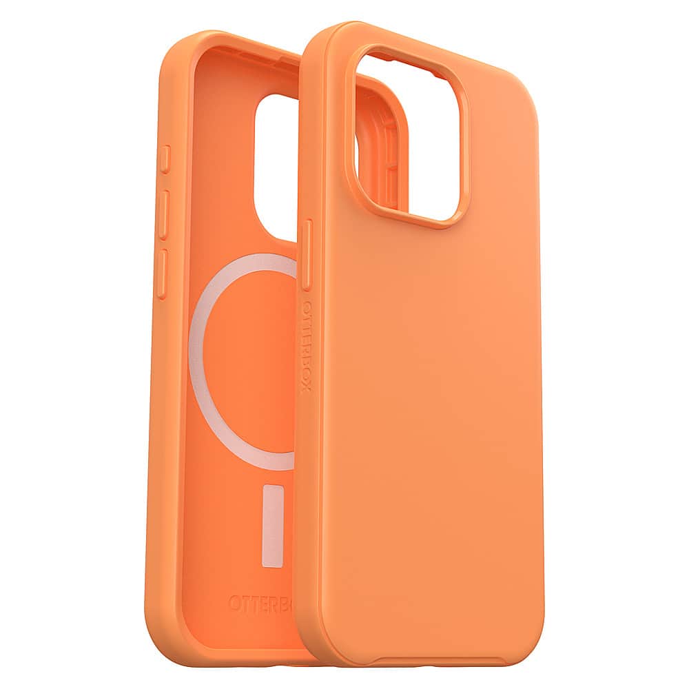 The image features two orange Otterbox cases for an iPhone. The cases are designed to protect the phone from drops and impacts, and they come in a bright orange color. The cases are made of durable materials and are specifically designed for the iPhone. The cases are placed side by side, showcasing their protective features and the vibrant color.