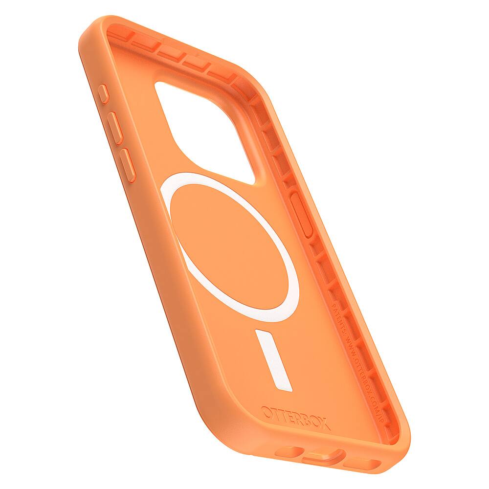 The image features an orange Otterbox case for a cell phone. The case is designed to protect the phone from drops and impacts. The case has a unique design with a large white "O" on the back, which is the logo of the Otterbox brand. The case is made of durable materials and is available in various colors, including the bright orange color shown in the image.