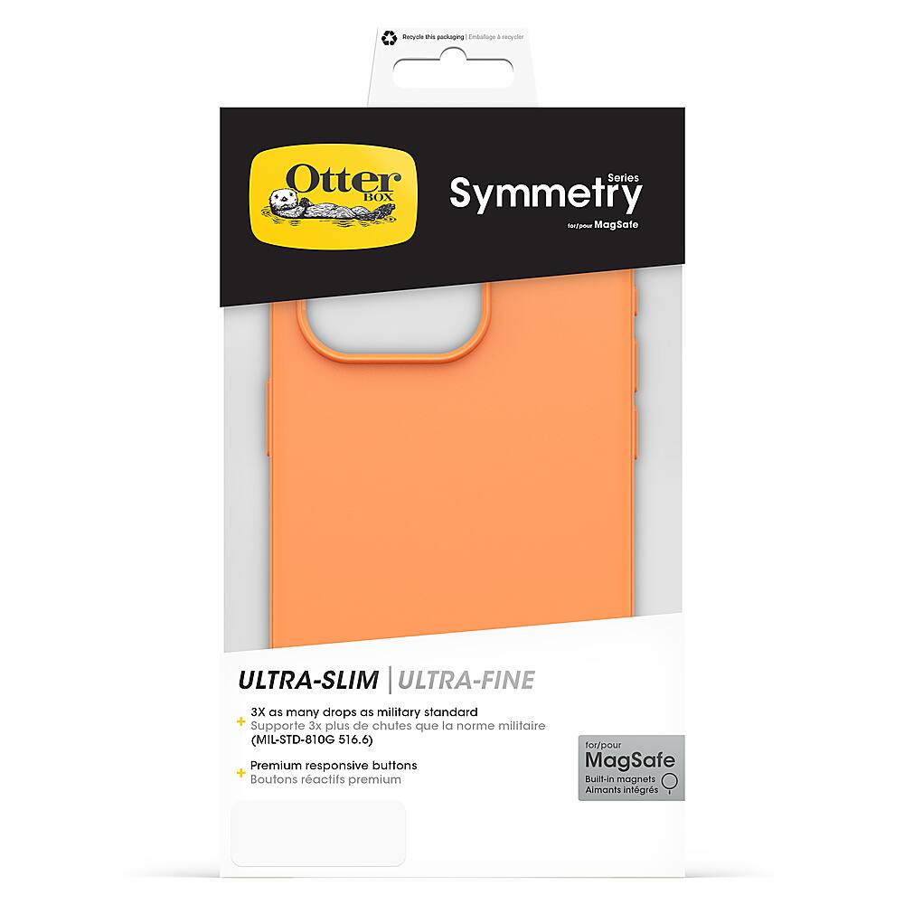 The image features a black and orange Otterbox Symmetry case for the iPhone 12. The case is designed to be ultra-slim and ultra-fine, providing a sleek and protective cover for the device. The case is made with a high-quality material that can withstand 3x more drops than the military standard (MIL-STD-810G 516.6), ensuring the safety of the phone. The case also includes built-in magnets for attaching to MagSafe accessories, and the buttons are designed to be responsive and easy to use. Overall, the Otterbox Symmetry case offers both protection and functionality for the iPhone 12.
