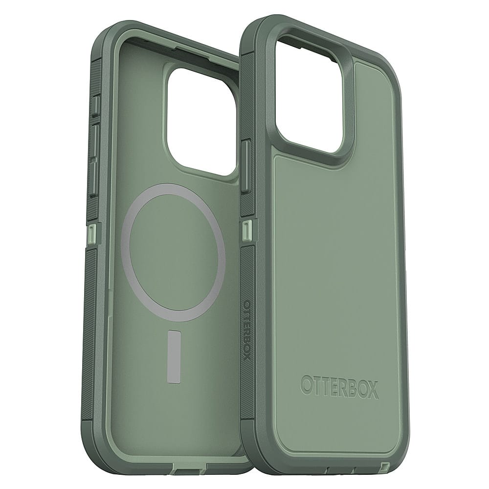 The image shows two Otterbox cases for a cell phone, with one case being green and the other being gray. The cases are designed to protect the phone from drops and impacts. The cases are made of durable materials and are specifically designed for the iPhone 12. The cases are placed next to each other, showcasing their compatibility and protection capabilities.