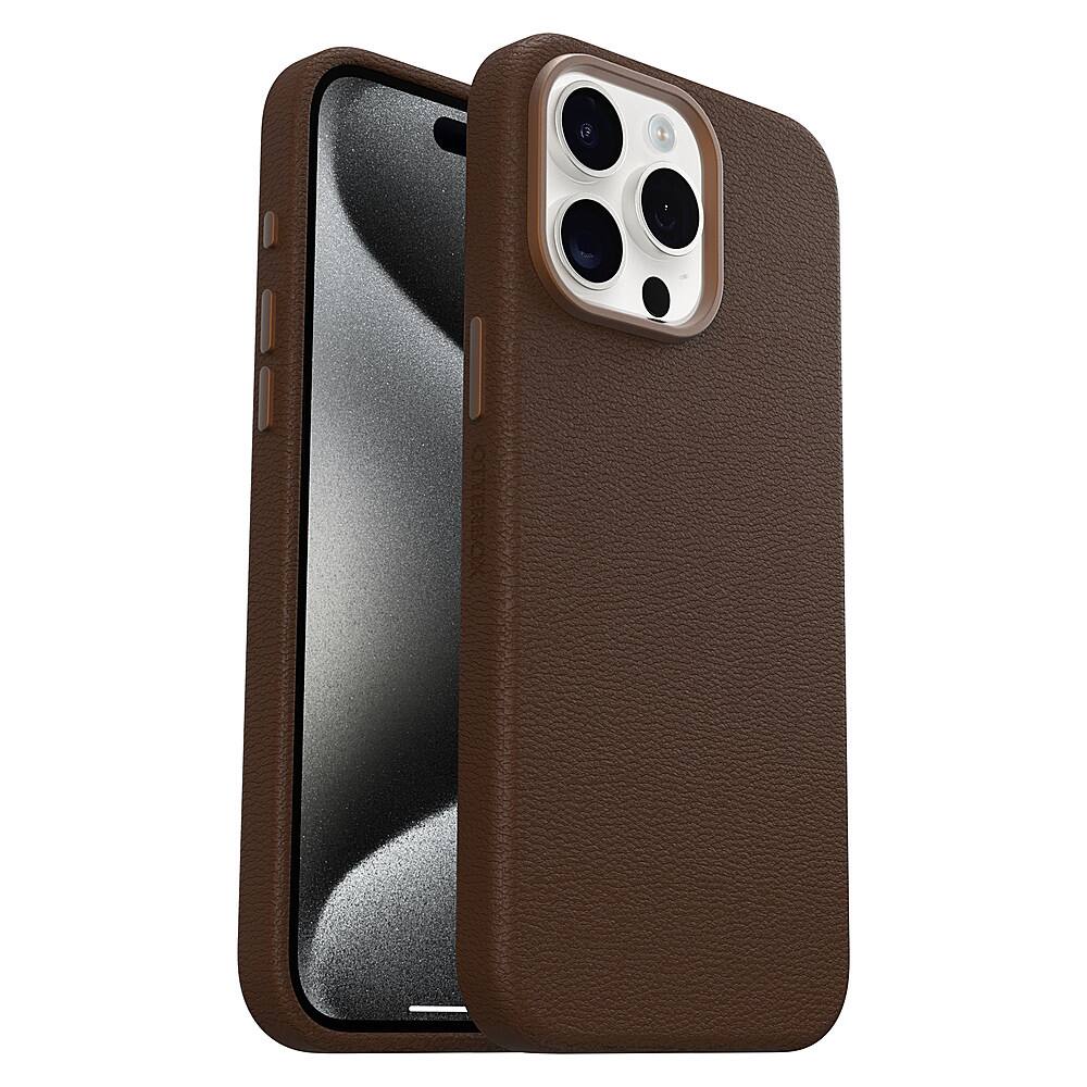 The image features a brown Otterbox case for an iPhone. The case is designed to protect the phone from scratches and drops, and it has a sleek and durable leather-like appearance. The case is currently covering a silver iPhone, which is placed inside the case.