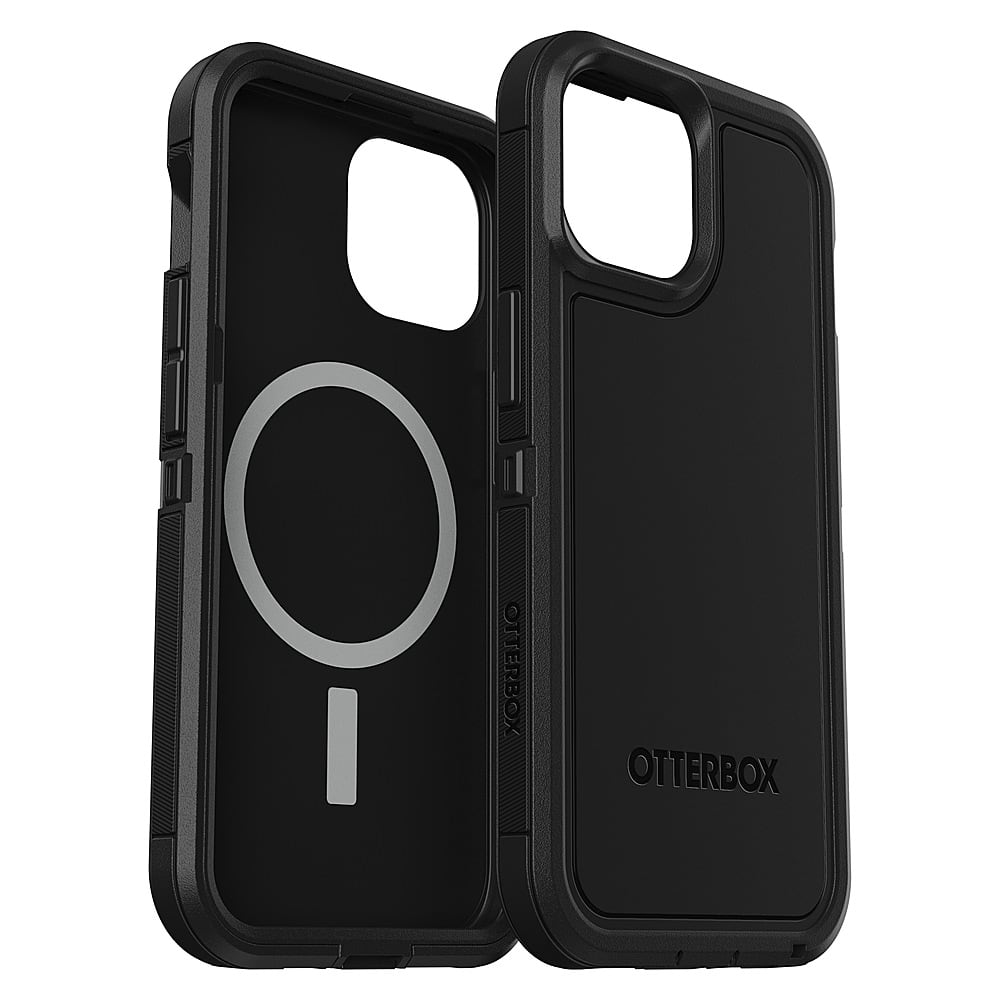 The image features two black Otterbox cases for an iPhone. The cases are designed to protect the phone from scratches and other damage. The cases have a unique design with a circle on the back, which adds a stylish touch to the protective cases. The cases are displayed side by side, showcasing their durability and functionality.