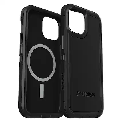 The image features two black Otterbox cases for an iPhone. The cases are designed to protect the phone from scratches and other damage. The cases have a unique design with a circle on the back, which adds a stylish touch to the protective cases. The cases are displayed side by side, showcasing their durability and functionality.