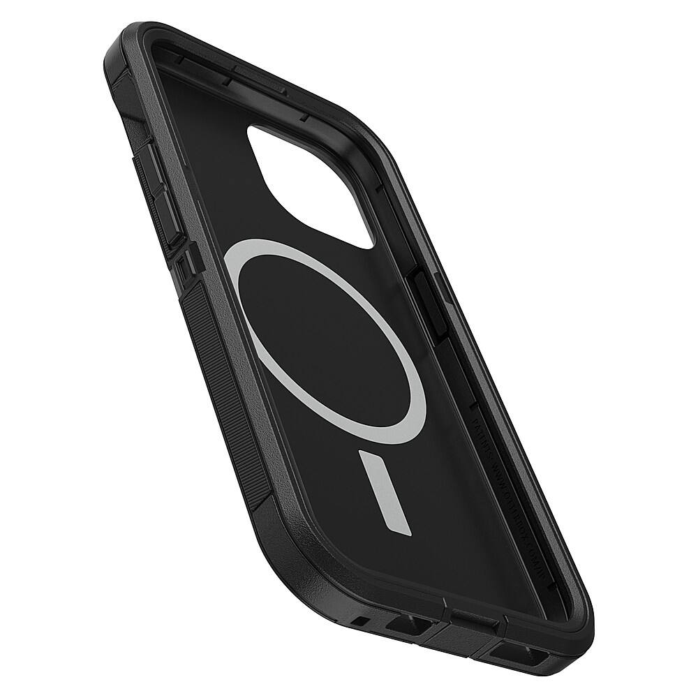 The image features a black Otterbox case for a cell phone. The case is designed to protect the phone from drops and impacts. The case has a unique design with a circle on the back, which is likely the logo of the Otterbox brand. The case is open, revealing the cell phone inside.