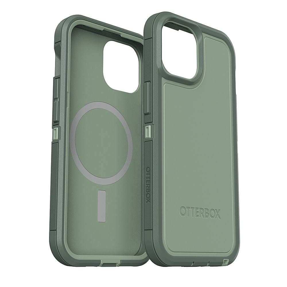 The image features a green Otterbox case for an iPhone. The case is designed to protect the phone from scratches and drops. The case has a unique design with a circle on the back and the word "Otterbox" written on the bottom. The case is shown in two different orientations, one with the back facing the camera and the other with the front facing the camera. The case is displayed in a white background, highlighting its color and design.