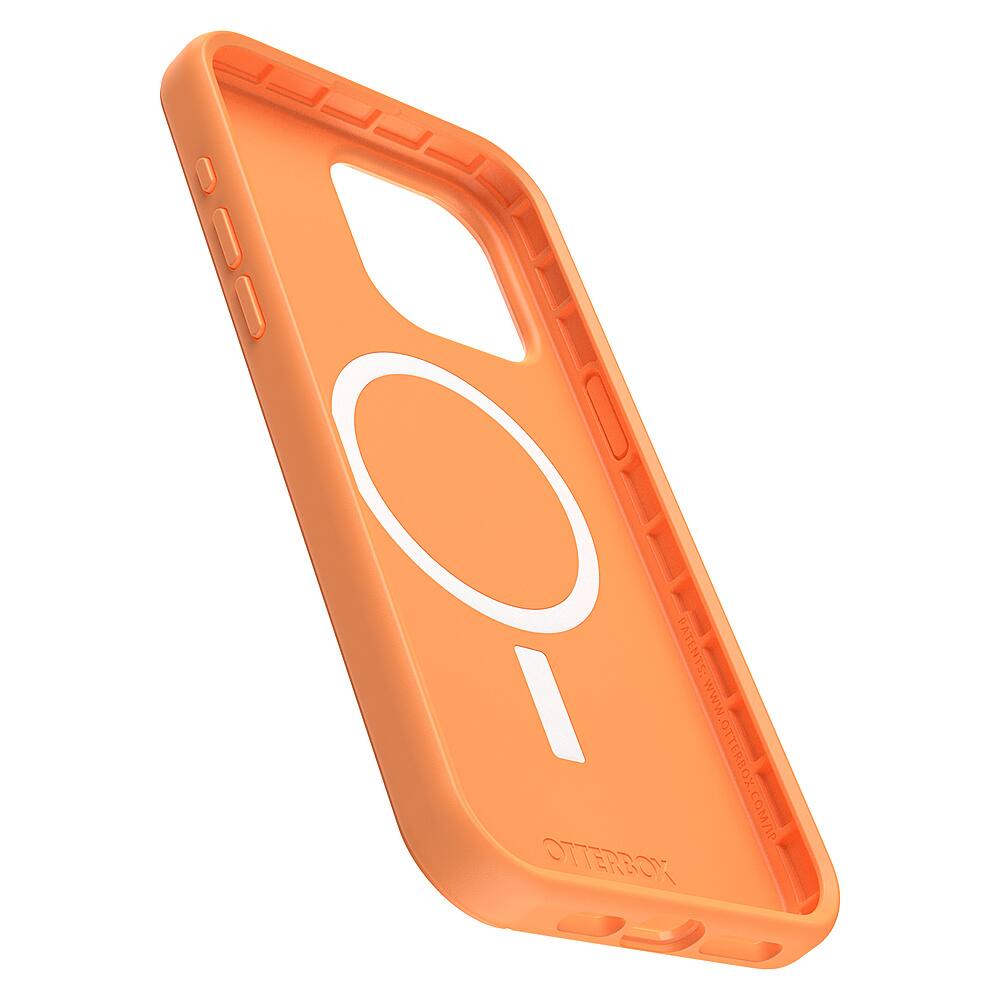 The image features an orange Otterbox case for an iPhone. The case is designed to protect the phone from scratches and impacts. The case has a large "O" logo on the back, which is a prominent design element. The case is made of durable material and is available in various colors, including the vibrant orange color seen in the image.