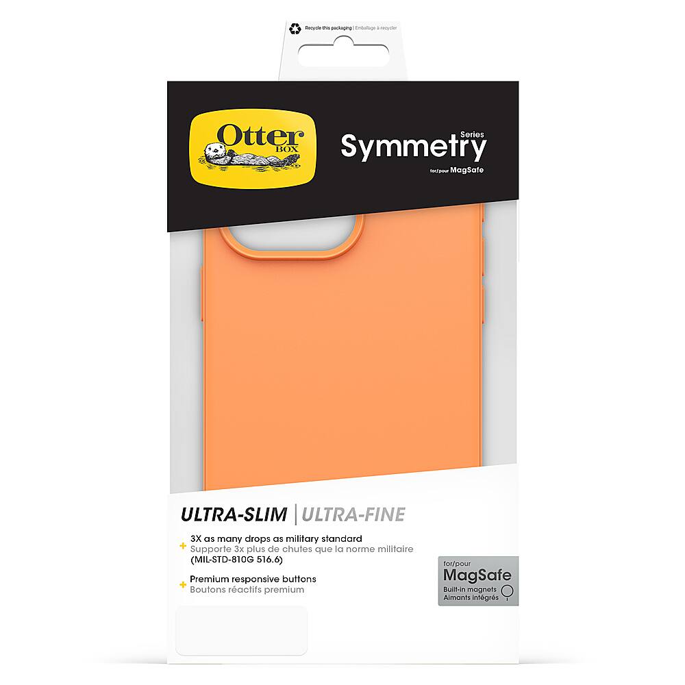 The image features a black and white box with the word "Symmetry" written on it. The box contains an orange Otterbox case for an iPhone. The case is advertised as being ultra-slim and ultra-fine, with a premium responsive button design. The case also supports MagSafe technology and is built with integrated magnets for easy attachment to a phone. The box is designed to protect the phone from drops and other potential damage, ensuring that it remains in good condition.