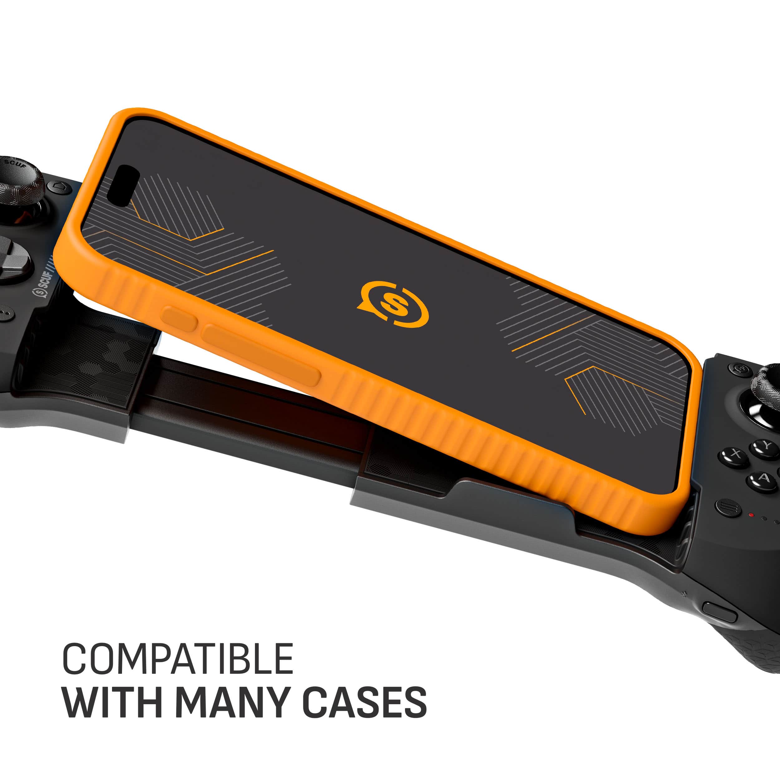 The text on the image is grouped and corrected as follows: "TAR SCUF C G S 5m + A - COMPATIBLE WITH MANY CASES."
