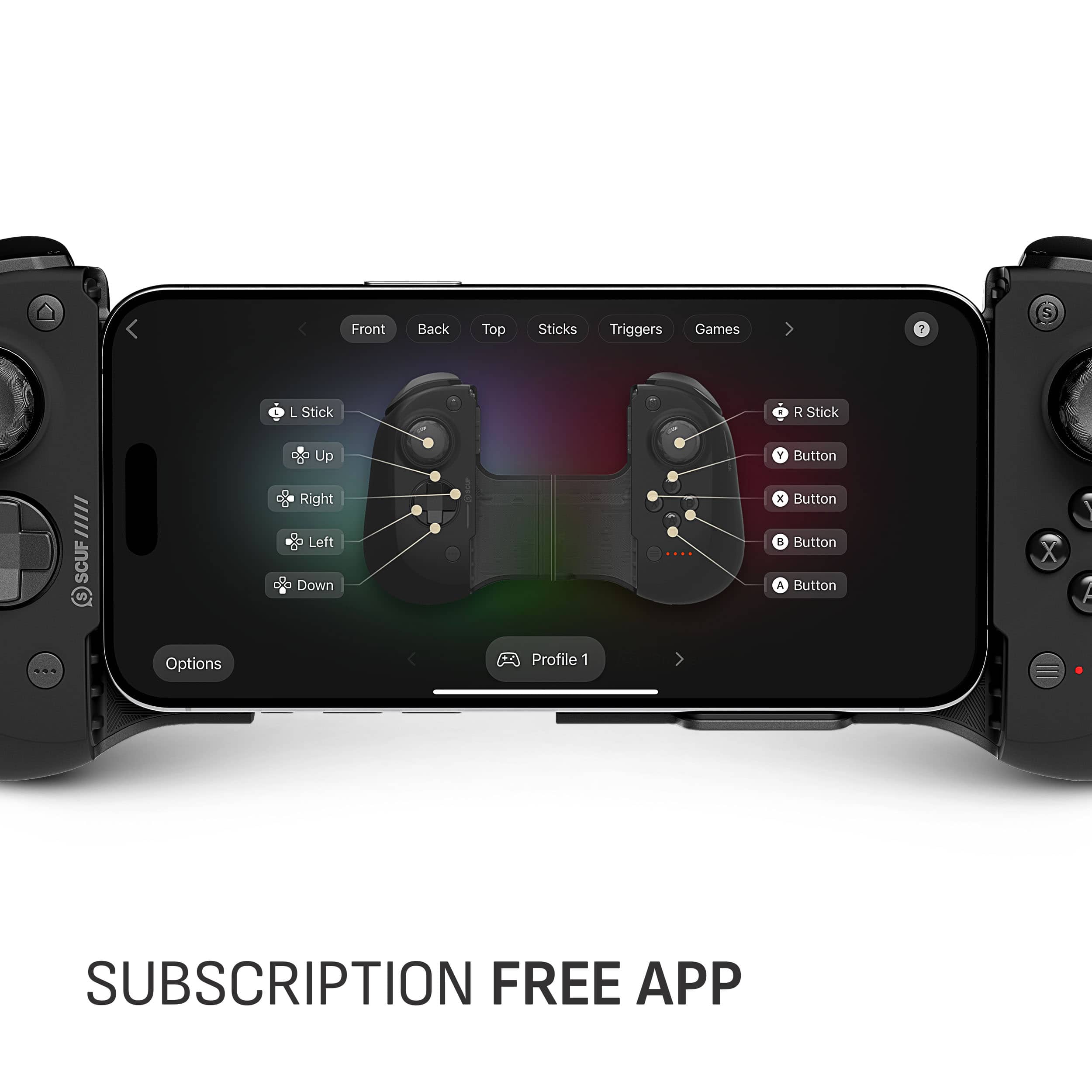 Subscription Free App:
Front:
- 2 L Stick
- 2 R Stick
- Up Button
- Down Button
- Left Stick
- Right Stick
- A Button
- B Button
- 1 Button
- 2 Button
- Options Button
- Profile Button
Back:
- Triggers
- Games