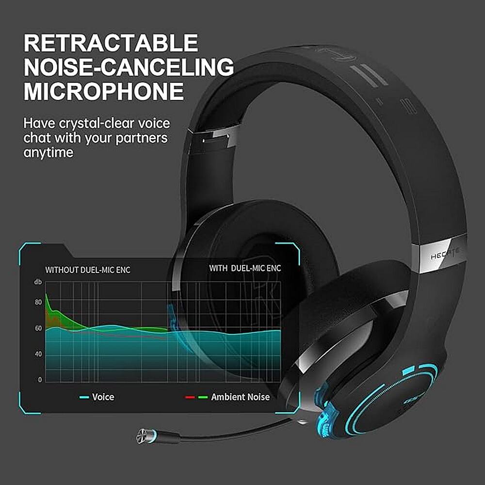 The text on the image is already correctly grouped and organized. It reads: "RETRACTABLE NOISE-CANCELING MICROPHONE Have crystal-clear voice chat with your partners anytime WITHOUT DUEL-MIC ENC db WITH DUEL-MIC ENC HEGATE 80 60 40 0 Voice Ambient Noise."