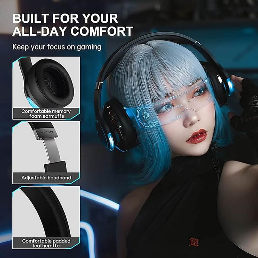 Built for your all-day comfort, keep your focus on gaming. Comfortable memory foam earmuffs, MECOTE adjustable headband, and comfortable padded leatherette.