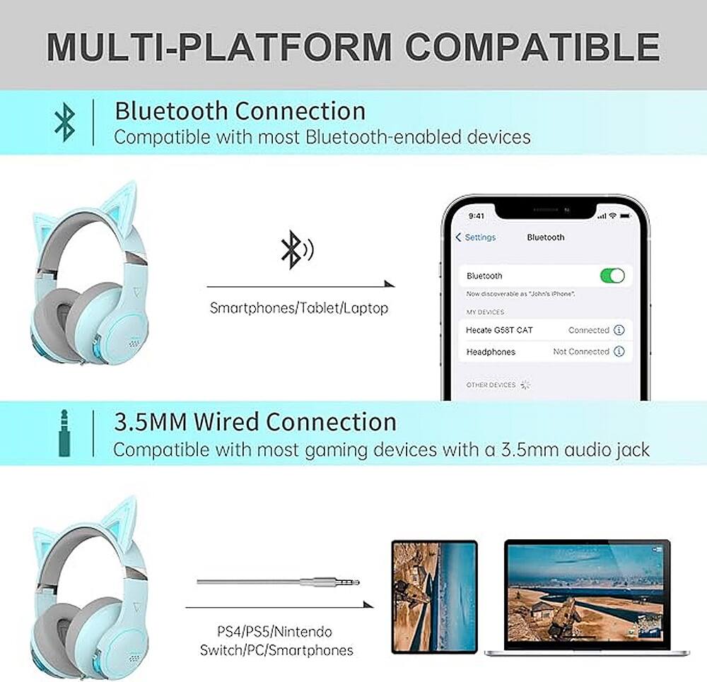 MULTI-PLATFORM COMPATIBLE:

* Bluetooth Connection: Compatible with most Bluetooth-enabled devices.
* Settings: Bluetooth, Bluetooth Smartphones/Tablet/Laptop.
* Now dsboverace as n's Phone.
* MY DEVICES: Headphones.
* Not Connected: Other Devices.
* 3.5MM Wired Connection: Compatible with most gaming devices with a 3.5mm audio jack (PS4/PS5/Nintendo Switch/PC/Smartphones).