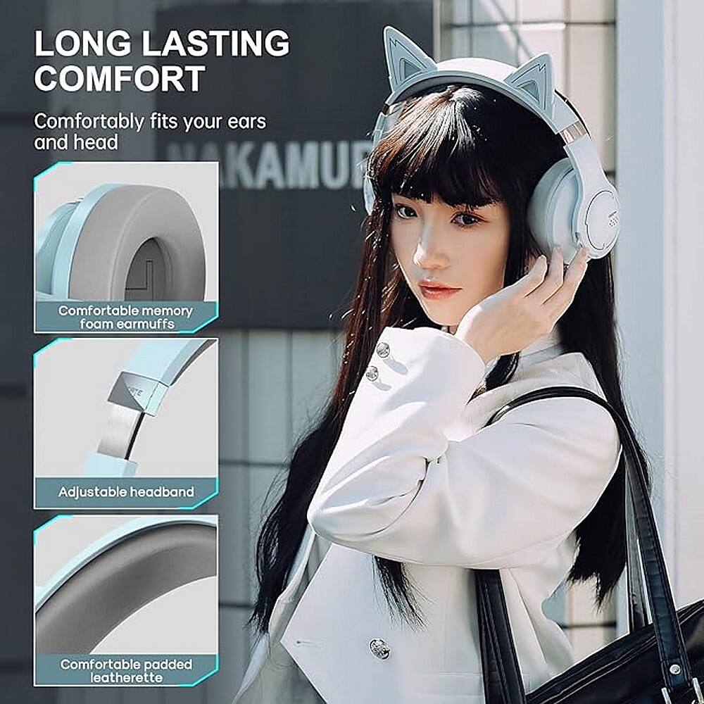 The image features a woman wearing headphones with cat ears on top of her head. The headphones are described as providing long lasting comfort, fitting comfortably in the ears and head, and having a comfortable memory foam earmuff. The headphones also have an adjustable headband and are made with comfortable padded leatherette.