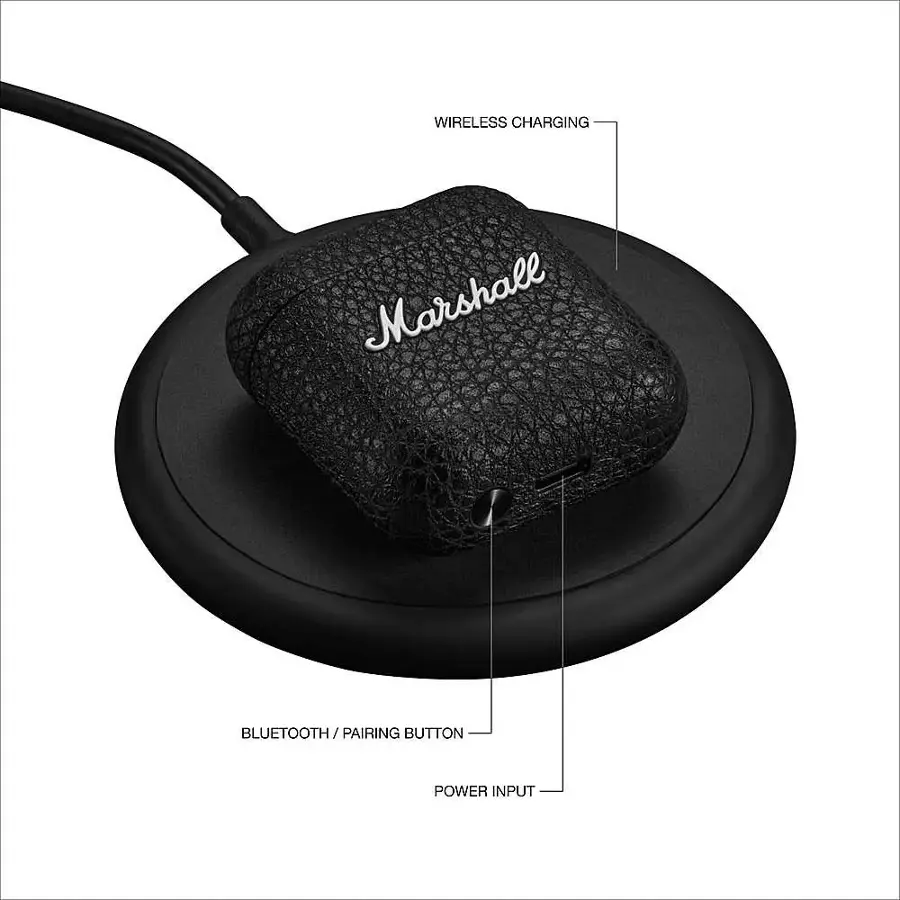 The text on the image reads: "Wireless charging Marshall BLUETOOTH/PAIRING PAIRING BUTTON POWER INPUT."